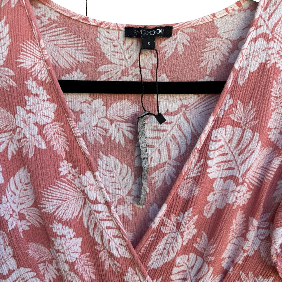 Papermoon Tropical Floral Beachy Boho Girly Surplice Ruffle Top Pink Womens S