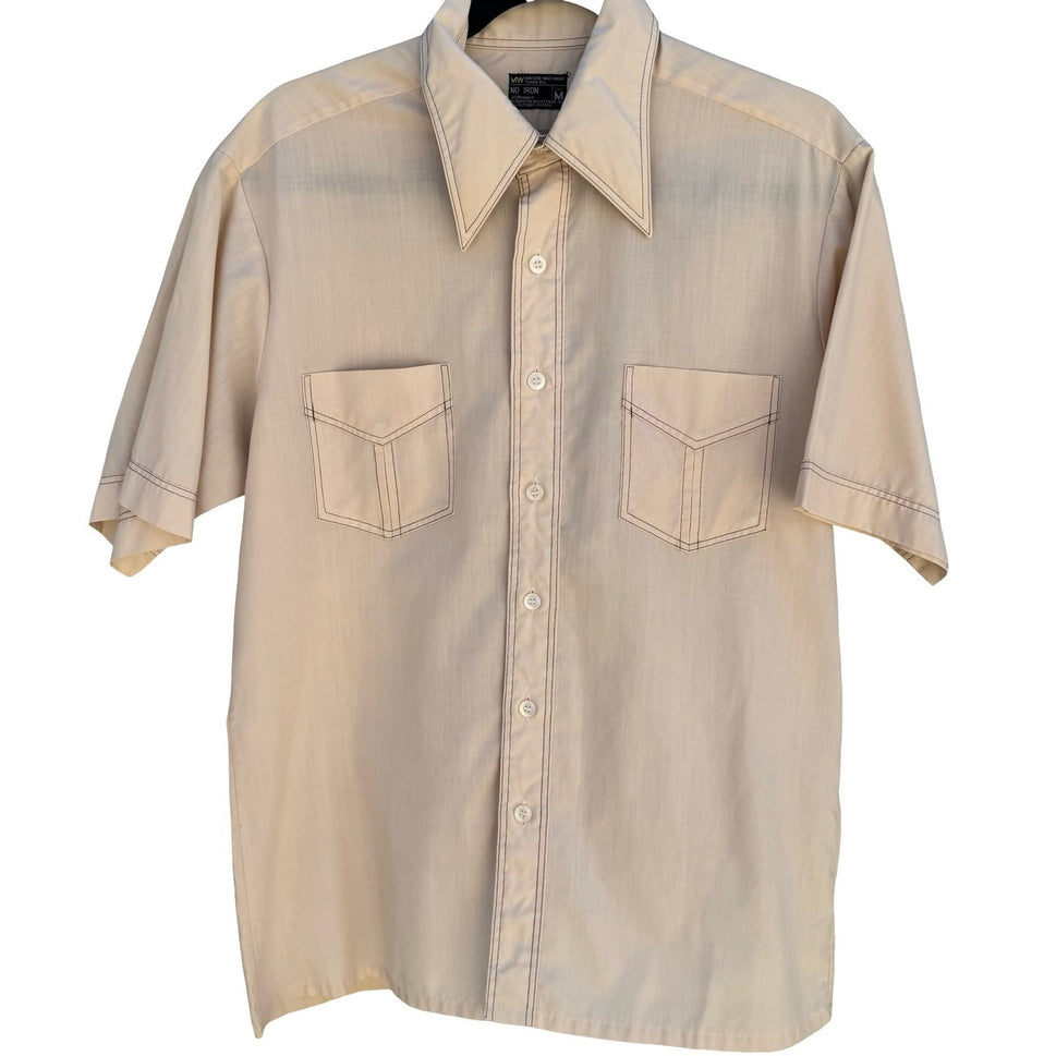JCPenney Vintage 70s Tan Retro Disco Kitsch Button Up Dagger Collar Shirt Mens M
