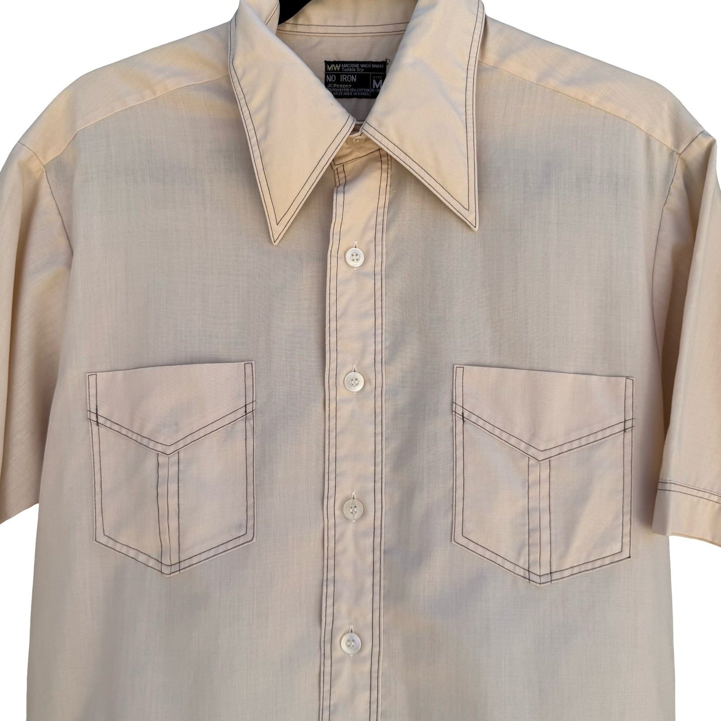 JCPenney Vintage 70s Tan Retro Disco Kitsch Button Up Dagger Collar Shirt Mens M