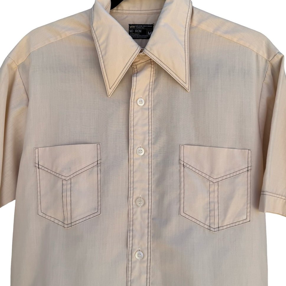 JCPenney Vintage 70s Tan Retro Disco Kitsch Button Up Dagger Collar Shirt Mens M