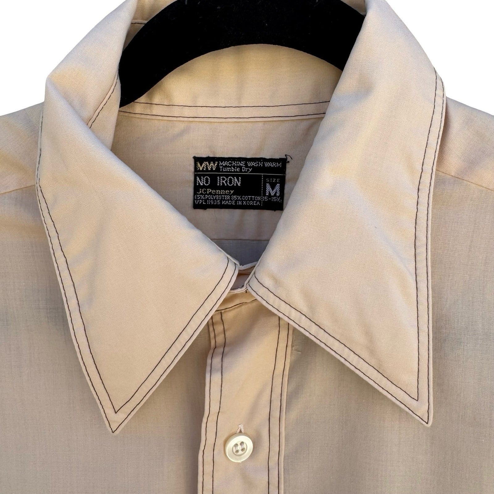 JCPenney Vintage 70s Tan Retro Disco Kitsch Button Up Dagger Collar Shirt Mens M