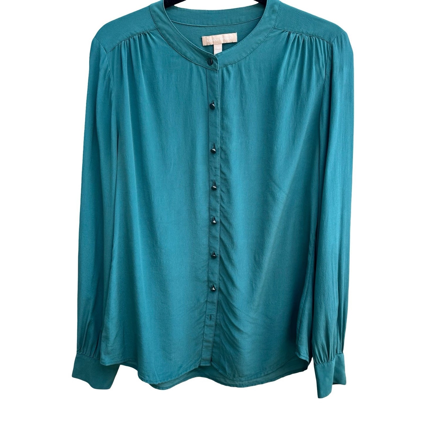 Banana Republic 100% Silk Quiet Luxury Minimalist Band Collar Blouse Teal 8