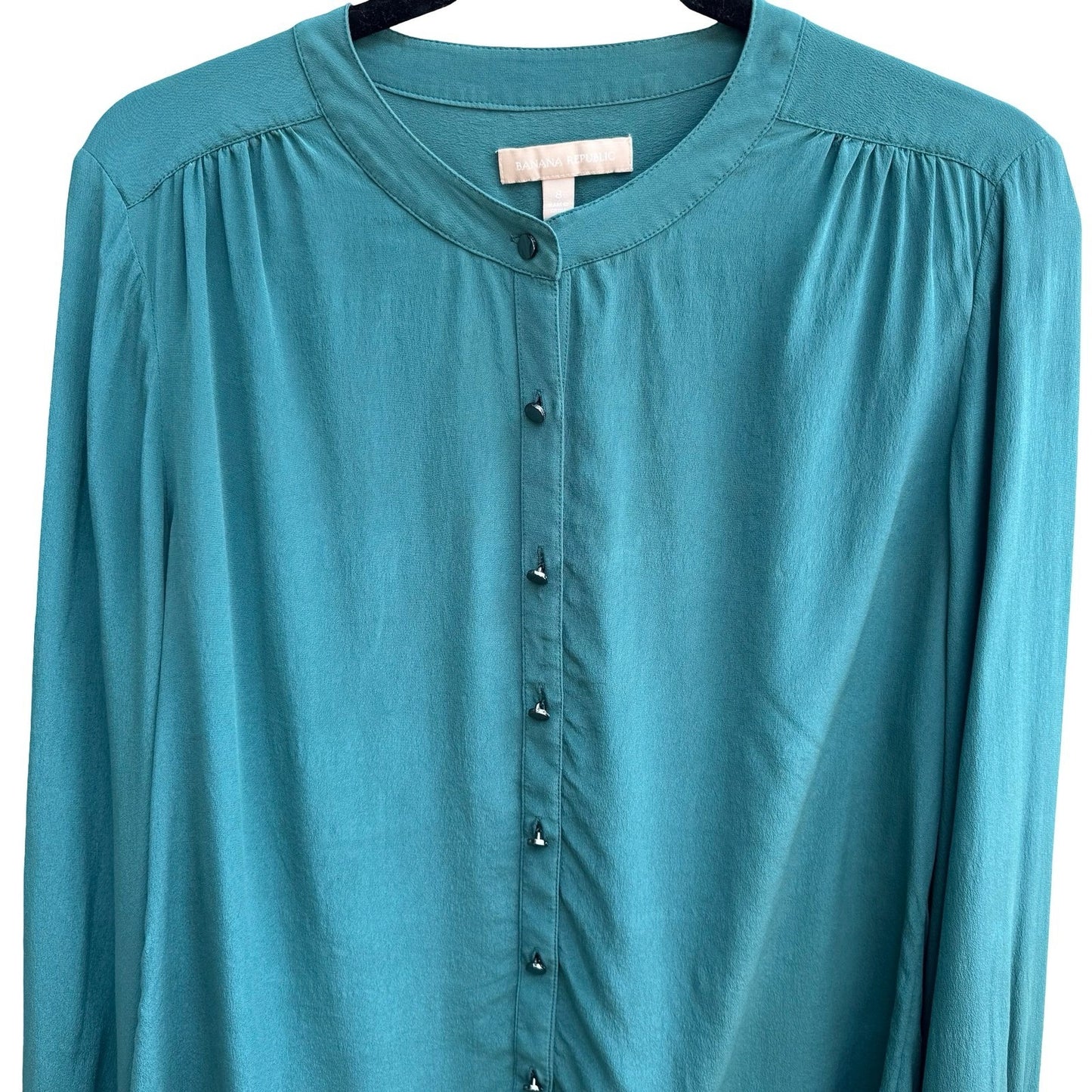 Banana Republic 100% Silk Quiet Luxury Minimalist Band Collar Blouse Teal 8