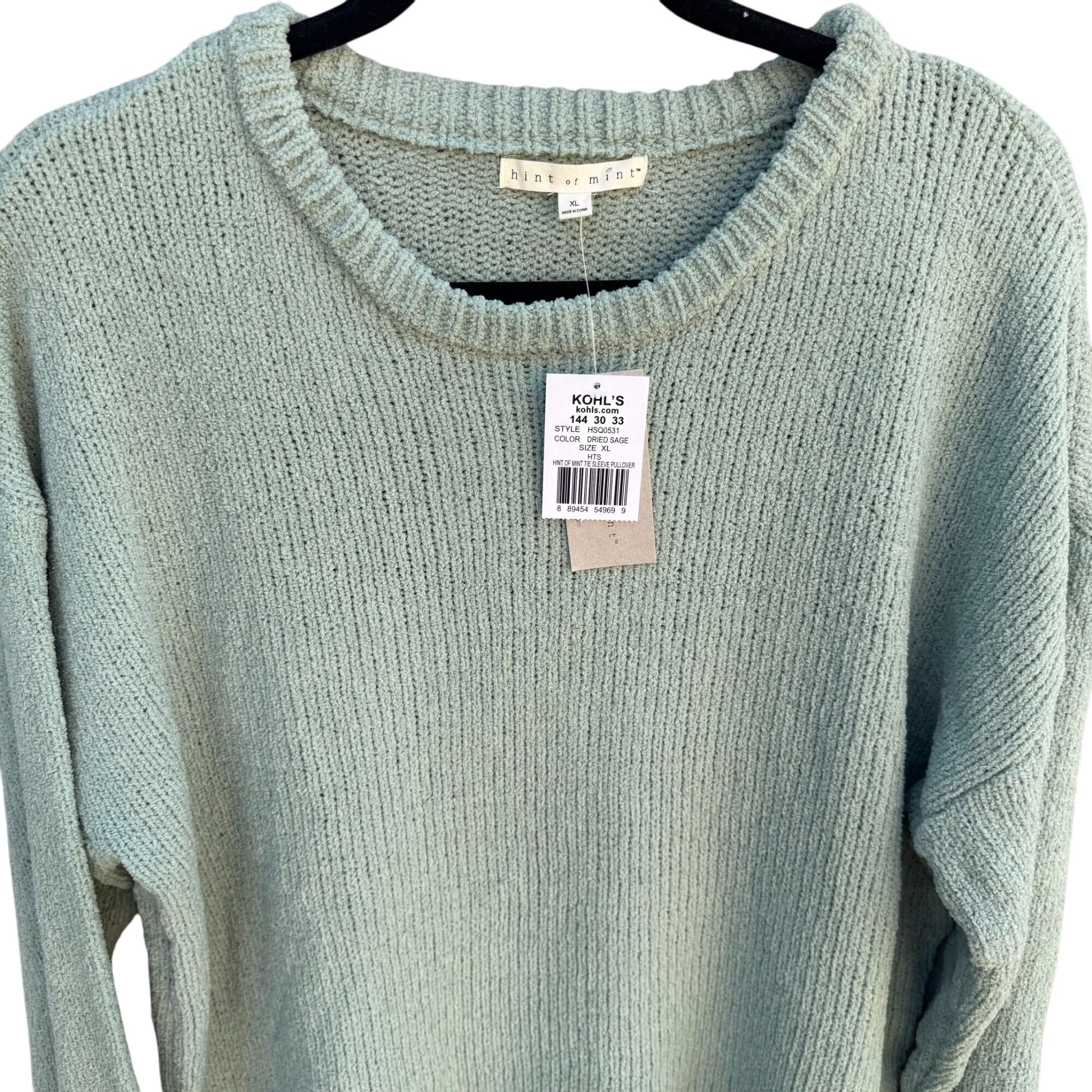 Hint Of Mint Womens Dried Sage Pullover Tie Sleeves Knit Tunic Sweater New XL