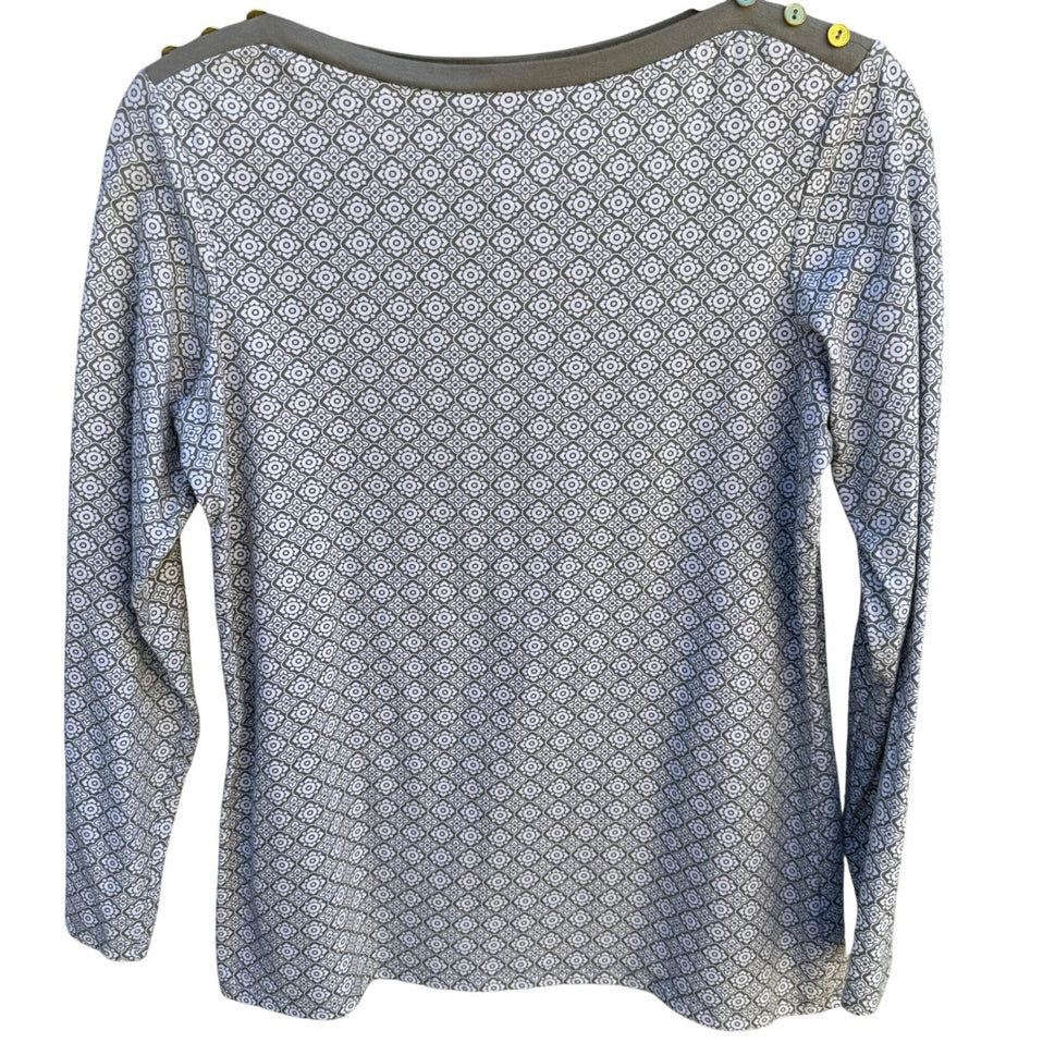 Diane Gilman Womens XS Taupe Geometric Tile Print Boat Neck Button Shoulder Top