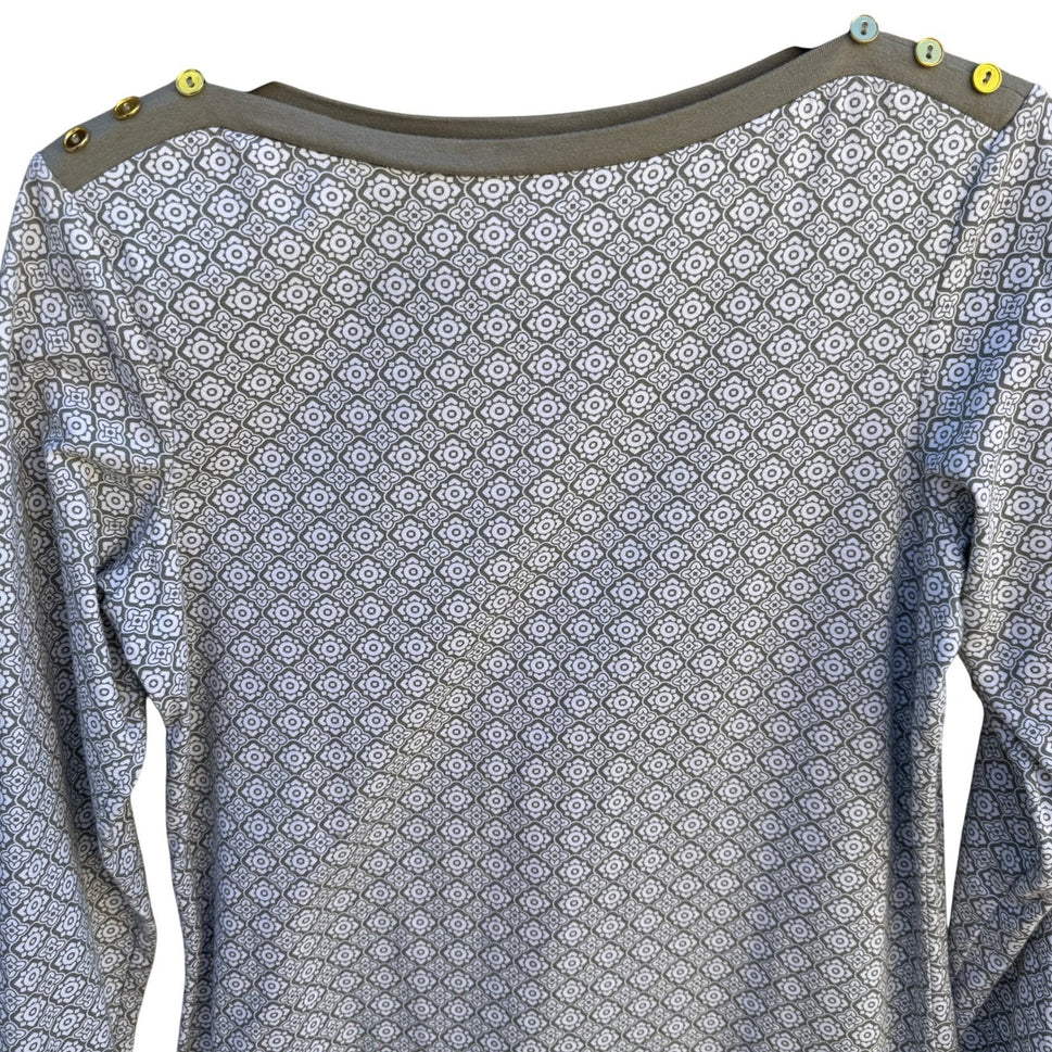 Diane Gilman Womens XS Taupe Geometric Tile Print Boat Neck Button Shoulder Top