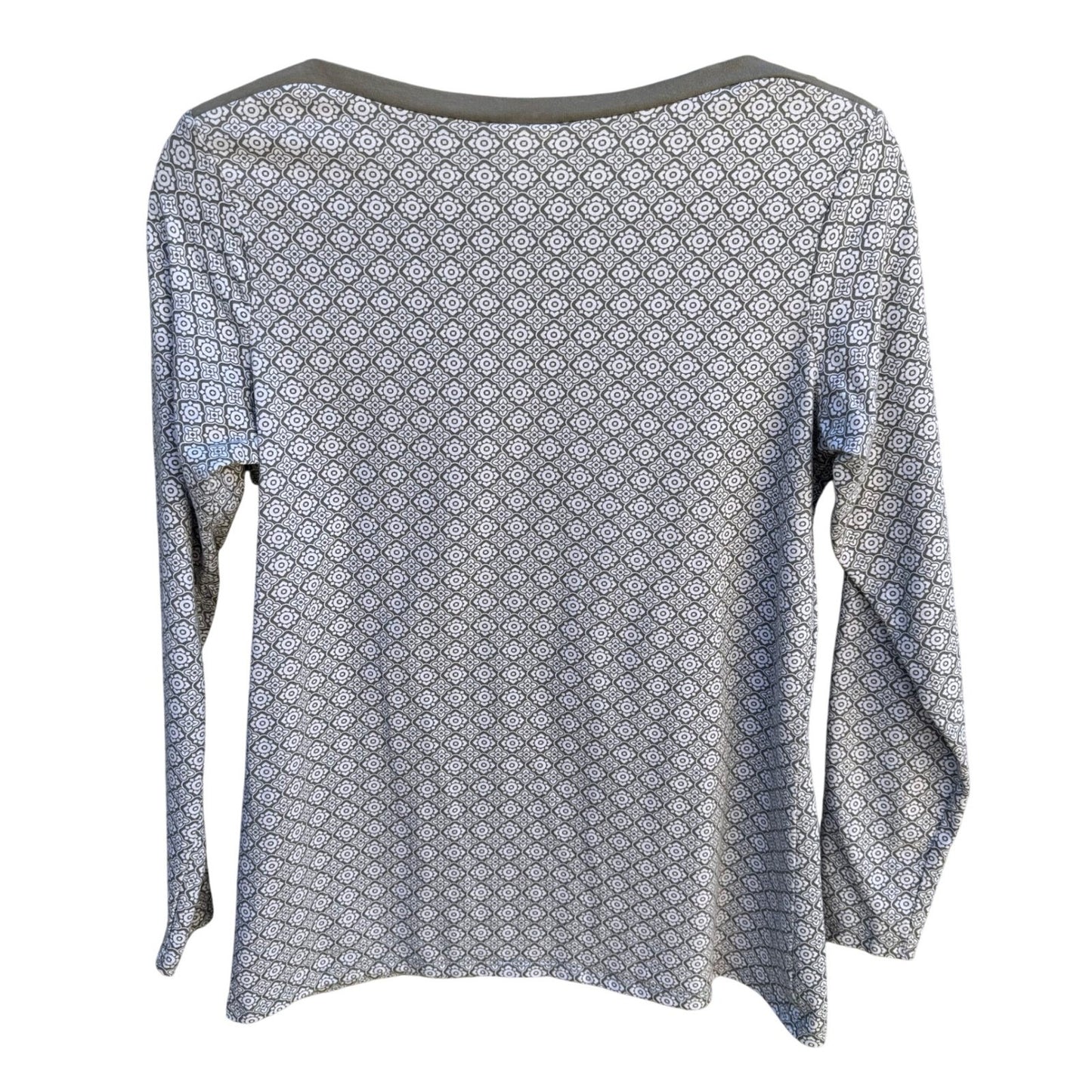 Diane Gilman Womens XS Taupe Geometric Tile Print Boat Neck Button Shoulder Top
