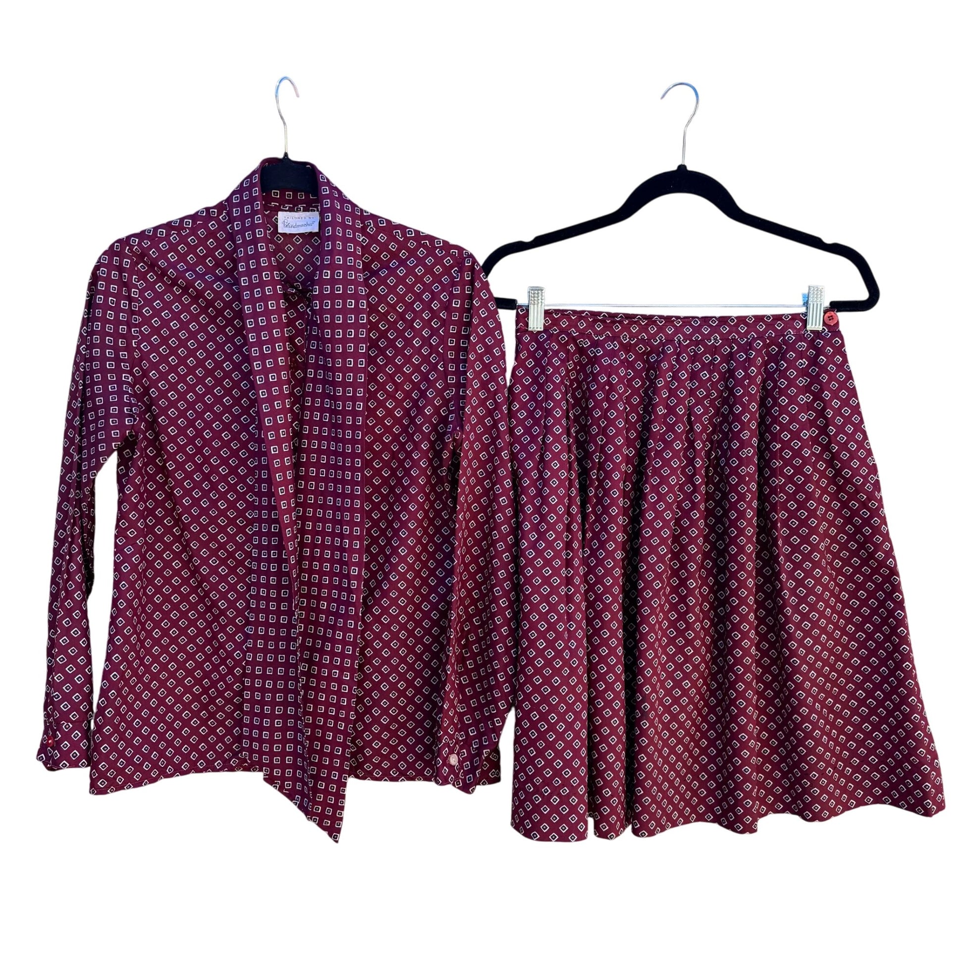 Handmacher Vintage 80s Womens Burgundy Diamond Print 2 Piece Blouse Skirt Set 8
