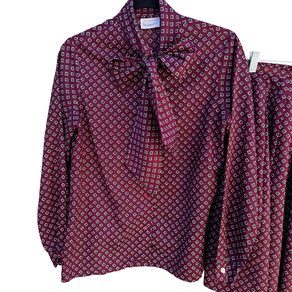 Handmacher Vintage 80s Womens Burgundy Diamond Print 2 Piece Blouse Skirt Set 8