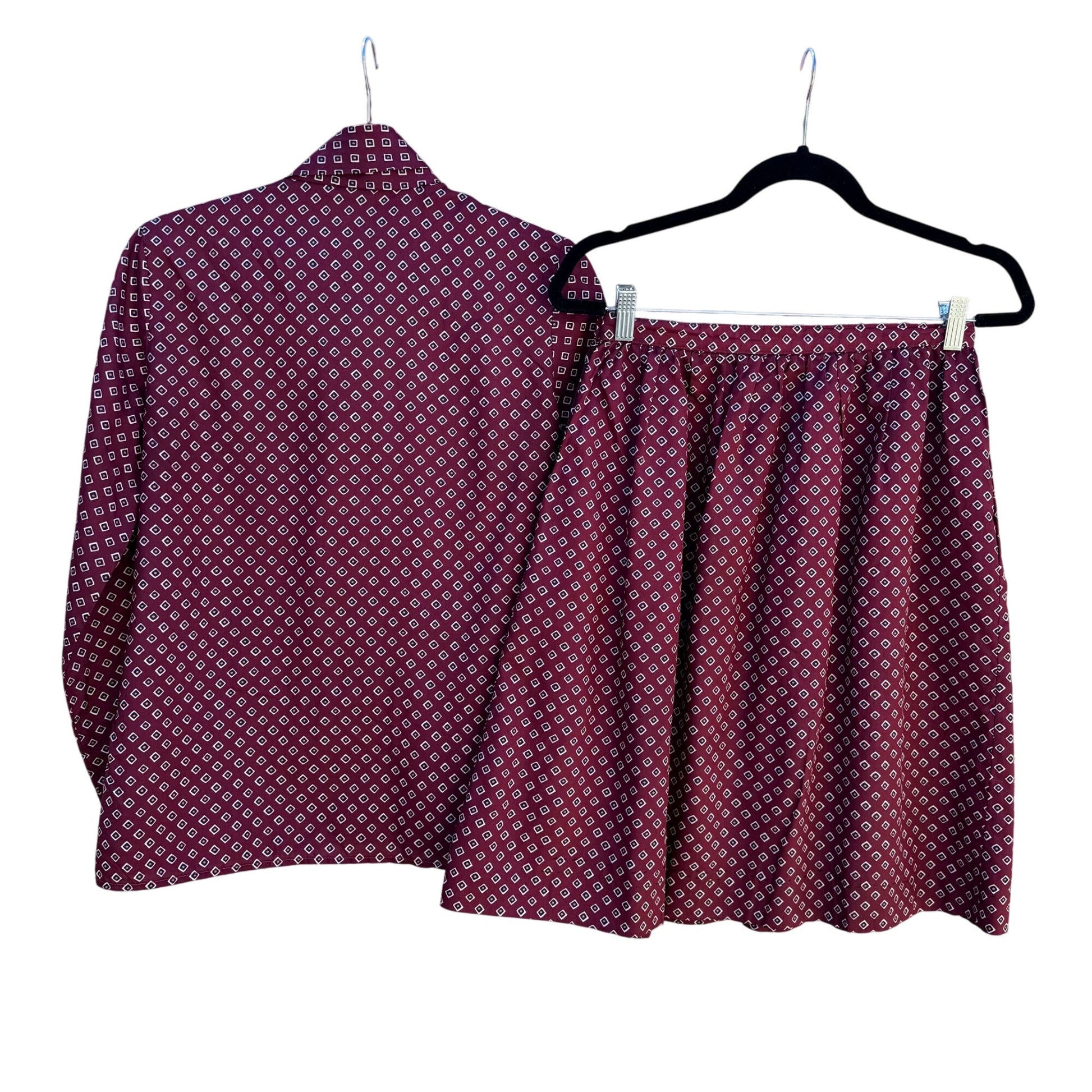 Handmacher Vintage 80s Womens Burgundy Diamond Print 2 Piece Blouse Skirt Set 8