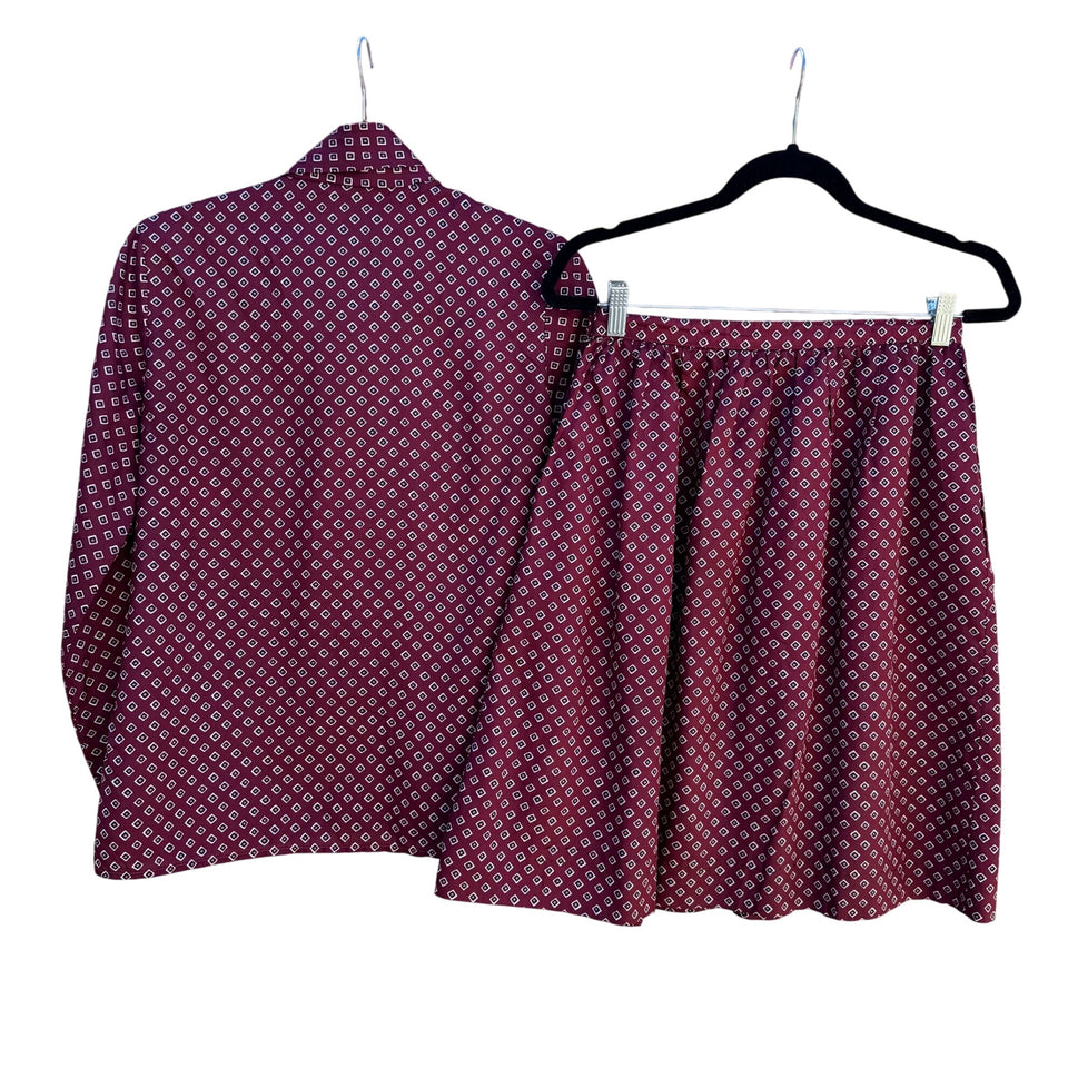 Handmacher Vintage 80s Womens Burgundy Diamond Print 2 Piece Blouse Skirt Set 8