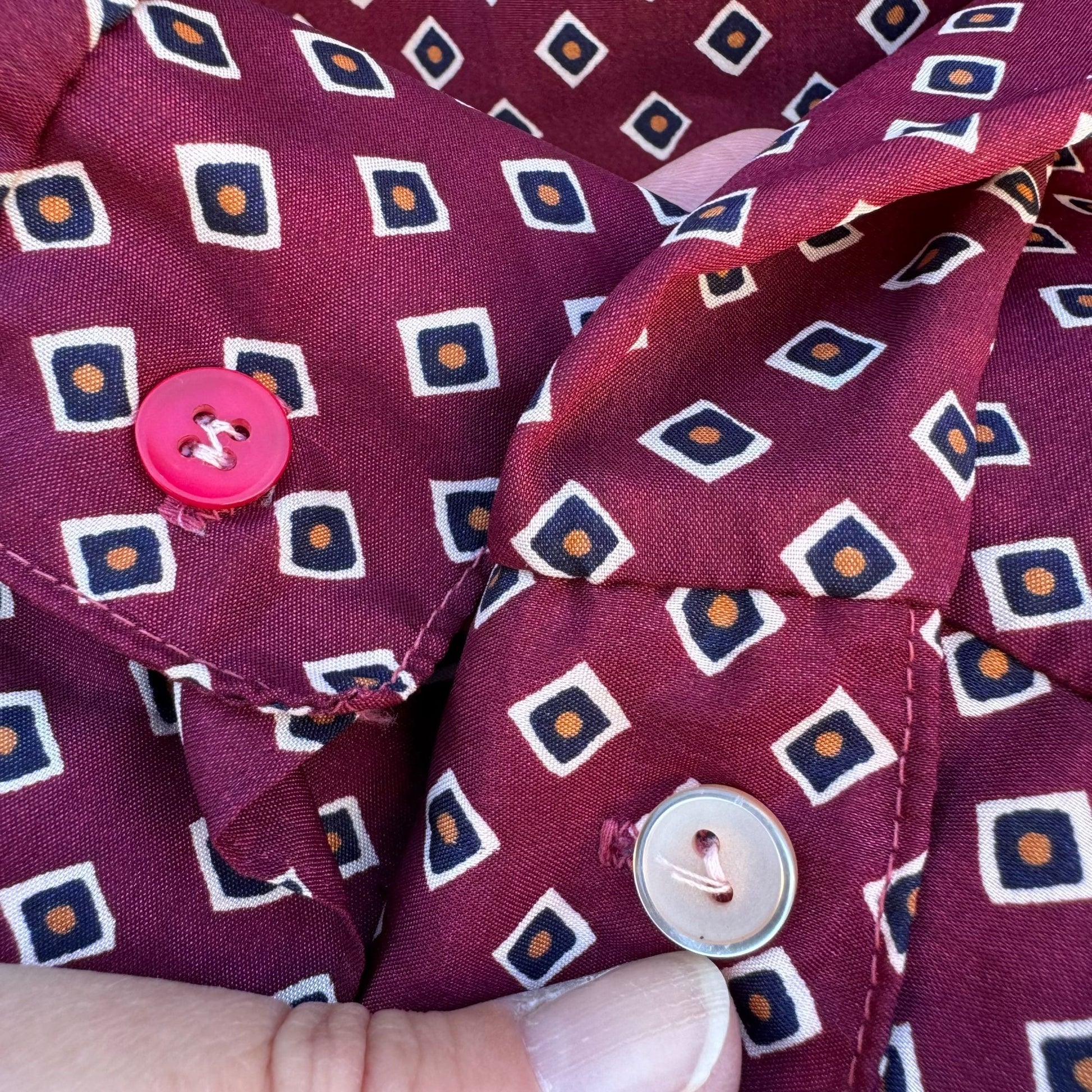 Handmacher Vintage 80s Womens Burgundy Diamond Print 2 Piece Blouse Skirt Set 8