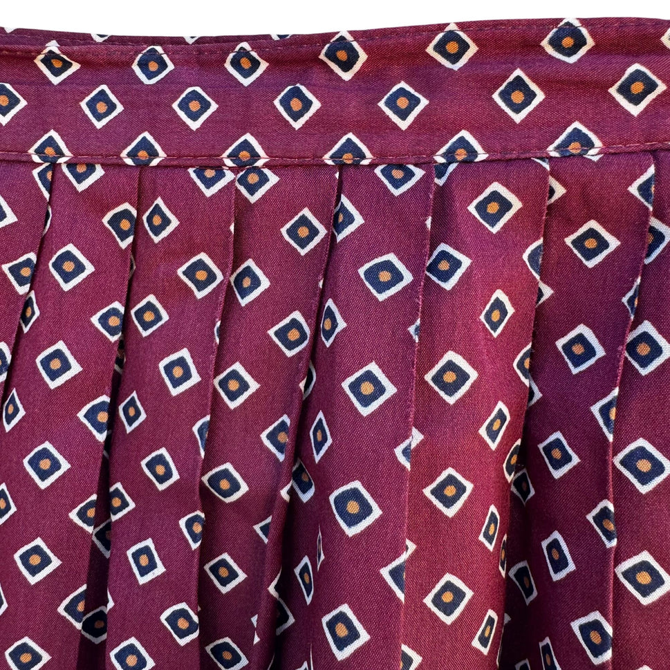 Handmacher Vintage 80s Womens Burgundy Diamond Print 2 Piece Blouse Skirt Set 8