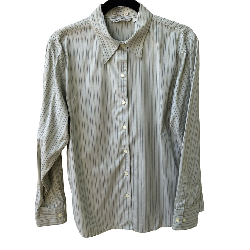 Eddie Bauer Coastal Preppy Striped Wrinkle Resistant Cotton Shirt Sage Green M
