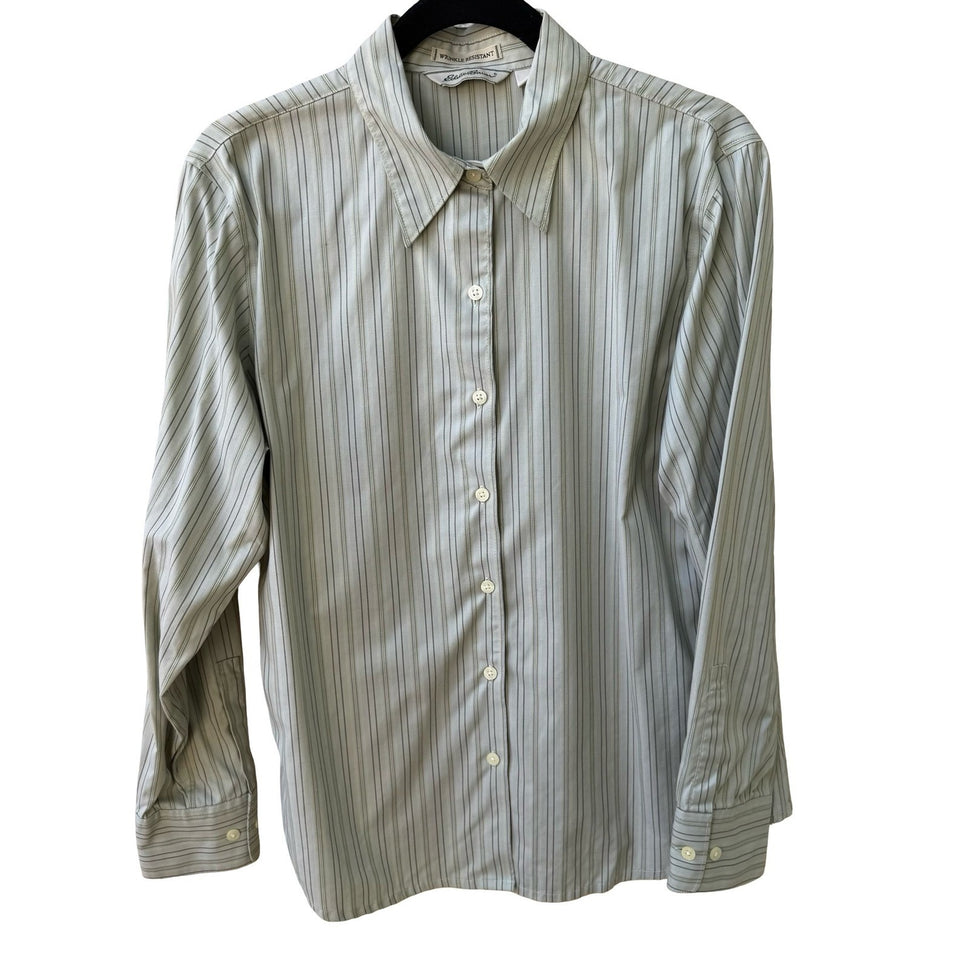 Eddie Bauer Coastal Preppy Striped Wrinkle Resistant Cotton Shirt Sage Green M