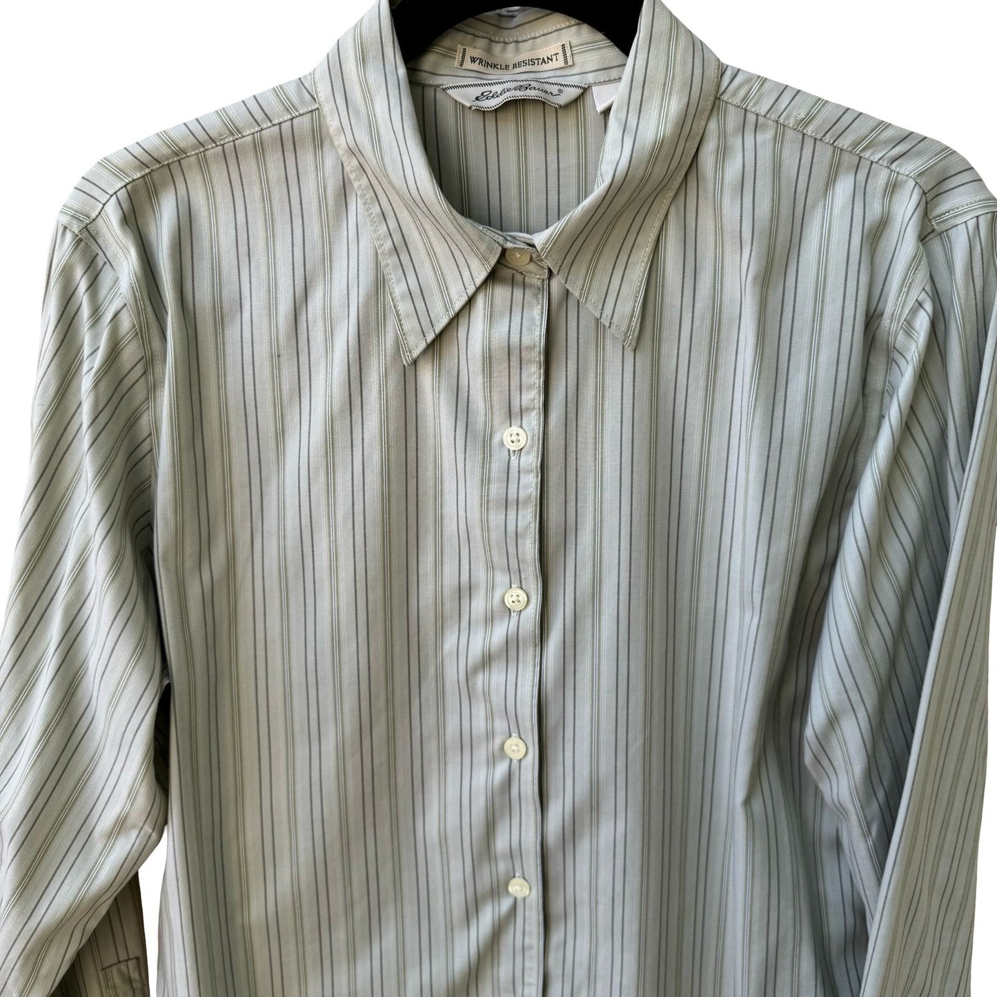 Eddie Bauer Coastal Preppy Striped Wrinkle Resistant Cotton Shirt Sage Green M
