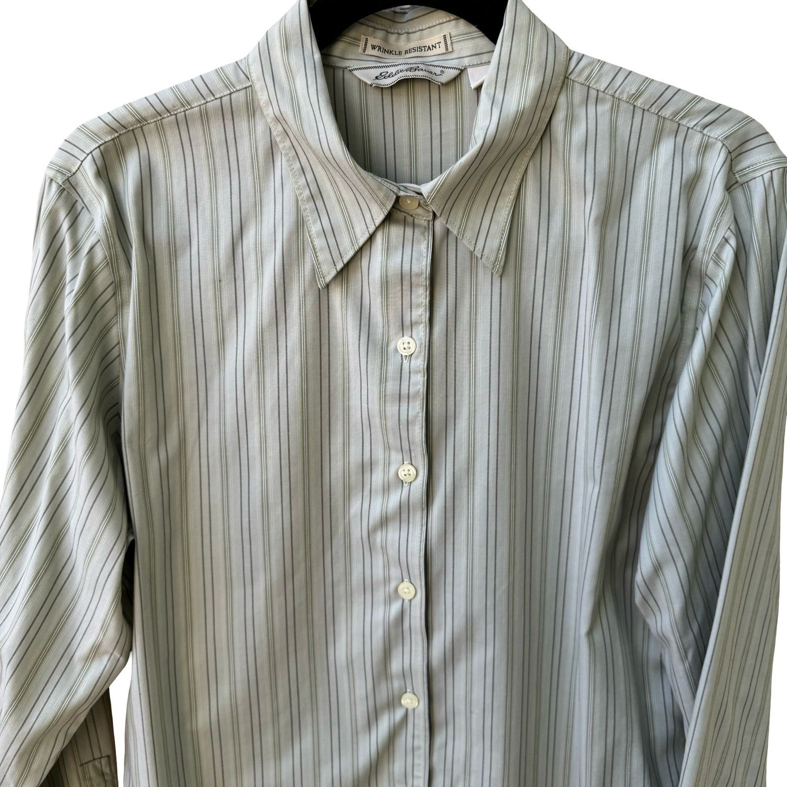 Eddie Bauer Coastal Preppy Striped Wrinkle Resistant Cotton Shirt Sage Green M