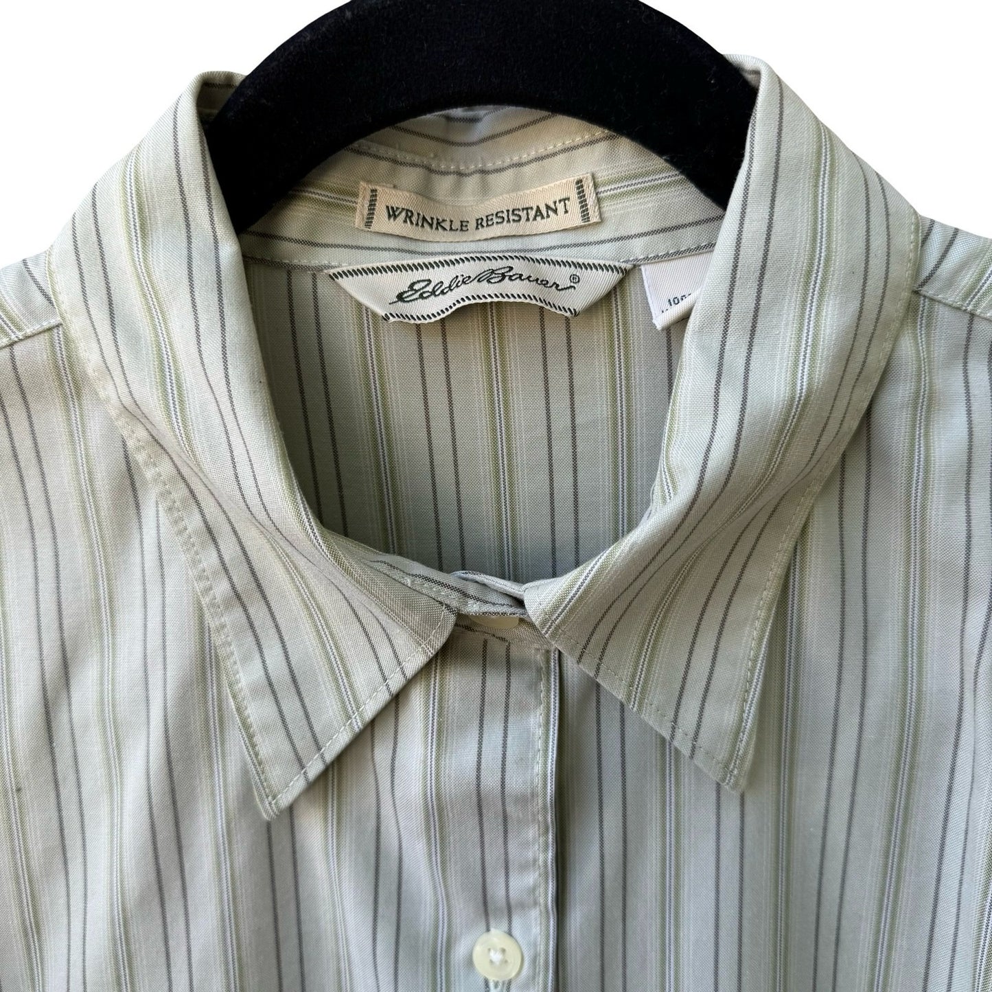 Eddie Bauer Coastal Preppy Striped Wrinkle Resistant Cotton Shirt Sage Green M