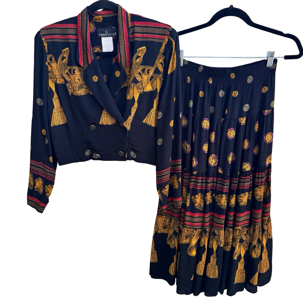 Carole Little Vintage 90s Dark Academia Boho Tassel Print Skirt Suit Set Black 6