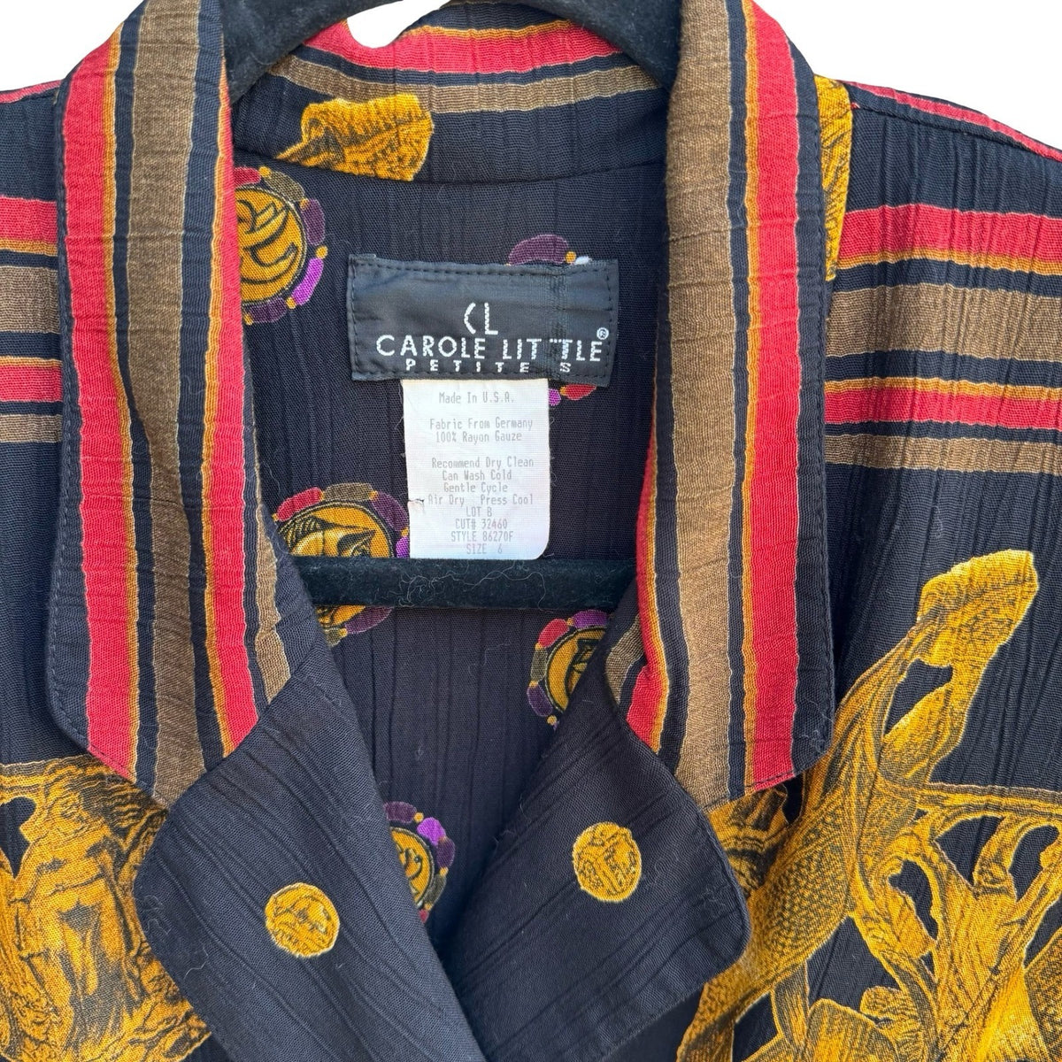 Carole Little Vintage 90s Dark Academia Boho Tassel Print Skirt Suit Set Black 6