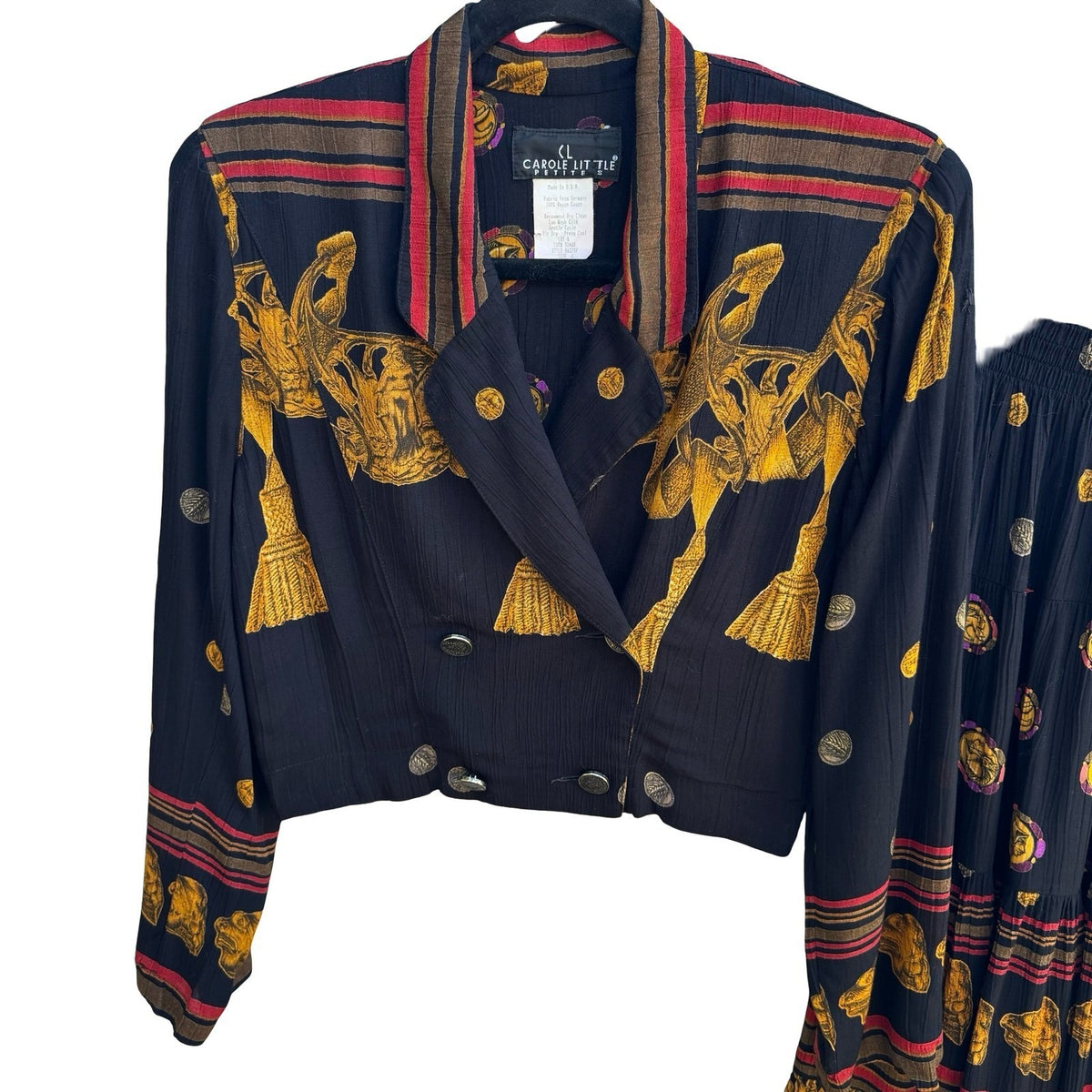 Carole Little Vintage 90s Dark Academia Boho Tassel Print Skirt Suit Set Black 6