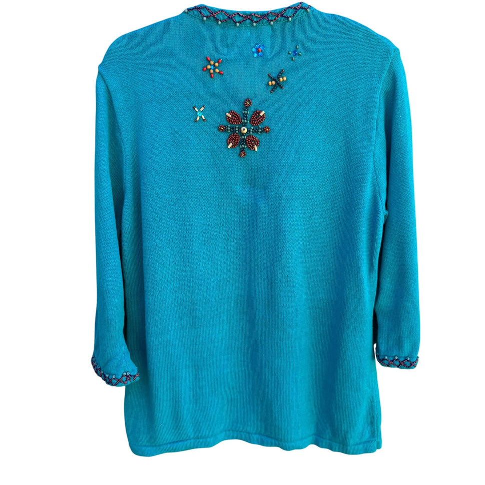 Storybook Knits Vintage Beaded Butterfly Floral Knit Cottage Cardigan Sweater M