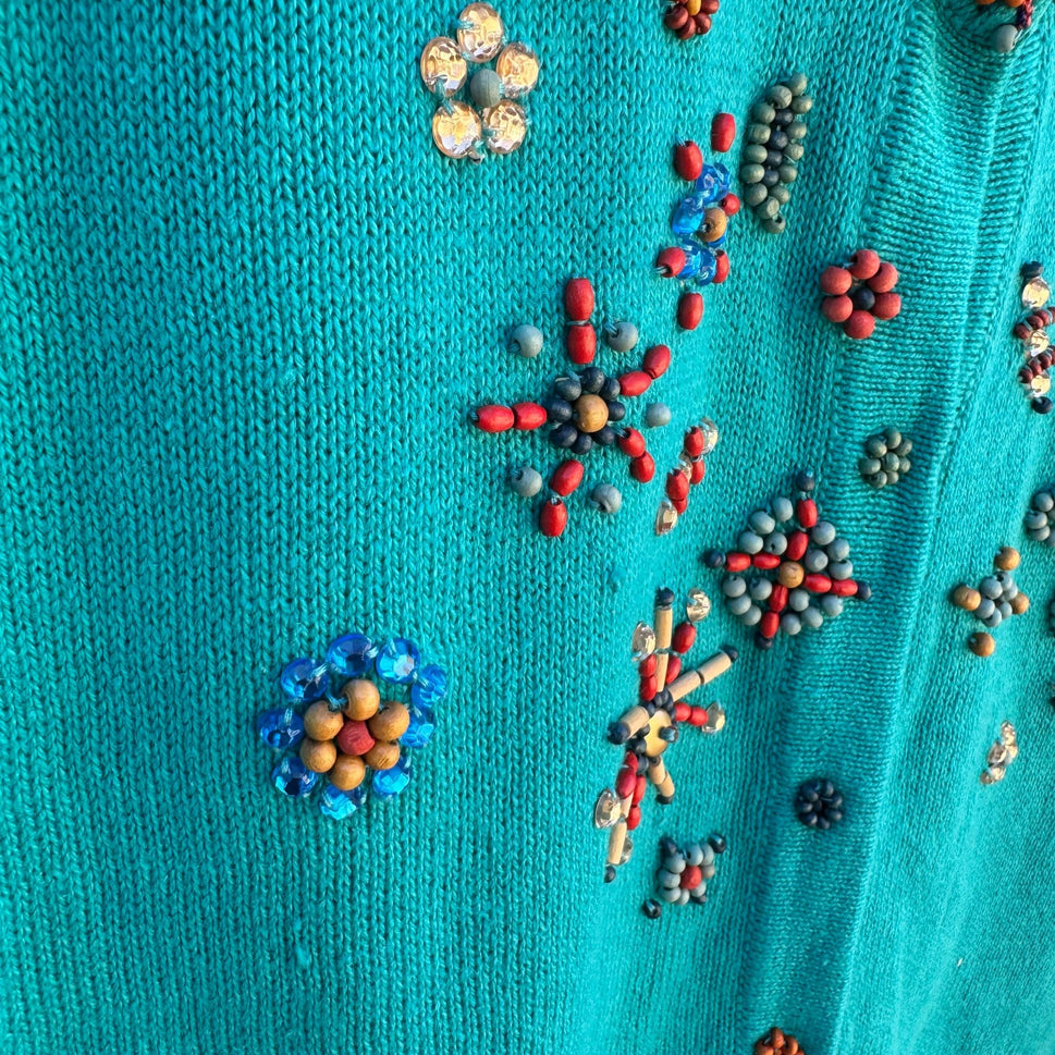 Storybook Knits Vintage Beaded Butterfly Floral Knit Cottage Cardigan Sweater M