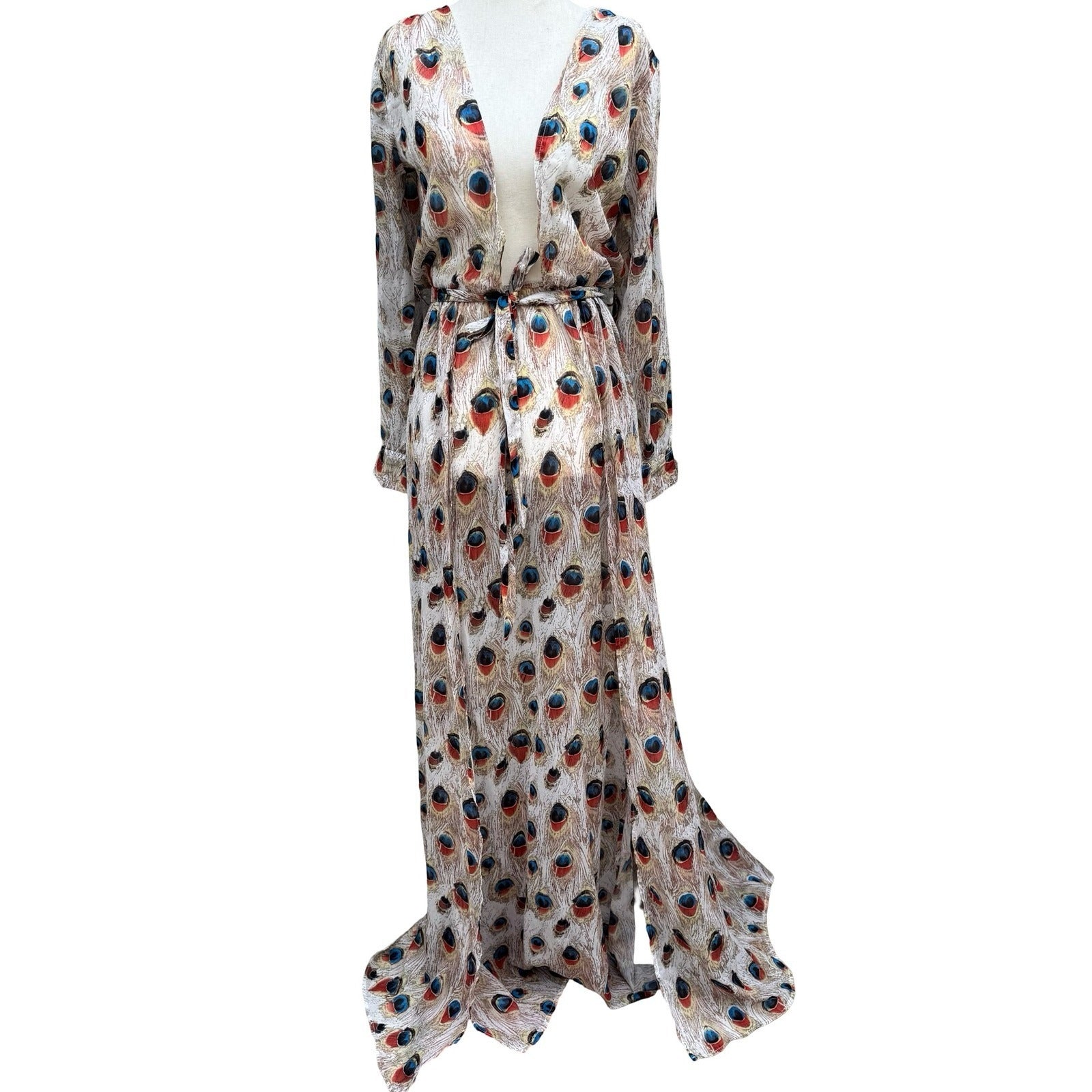 Miss Ord Peacock Feather Print Sheer Maxi Duster Robe XS Boho Kimono Festival