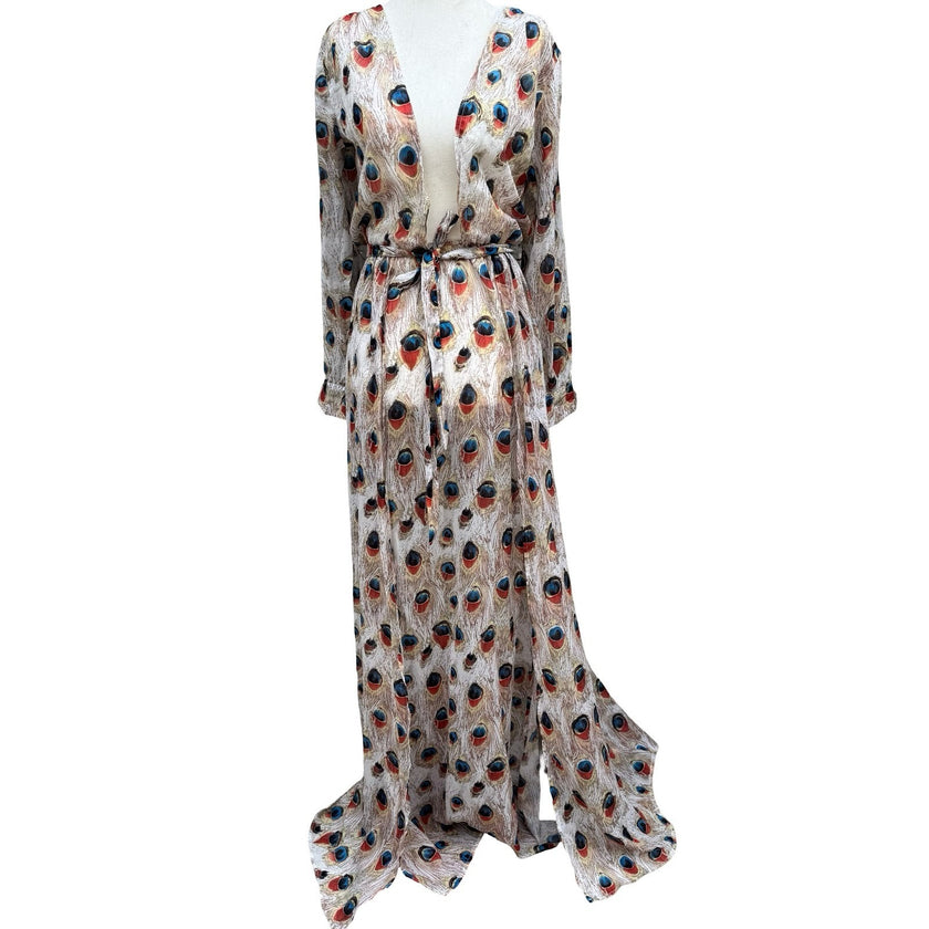 Miss Ord Peacock Feather Print Sheer Maxi Duster Robe XS Boho Kimono Festival