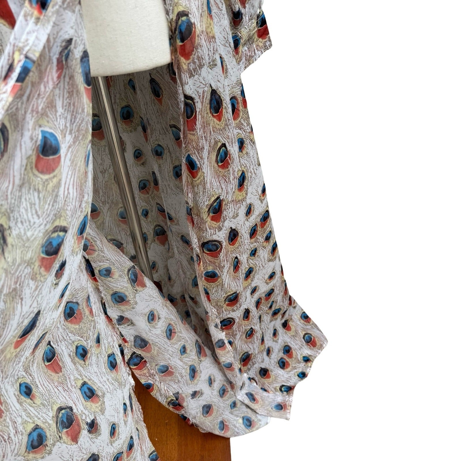 Miss Ord Peacock Feather Print Sheer Maxi Duster Robe XS Boho Kimono Festival