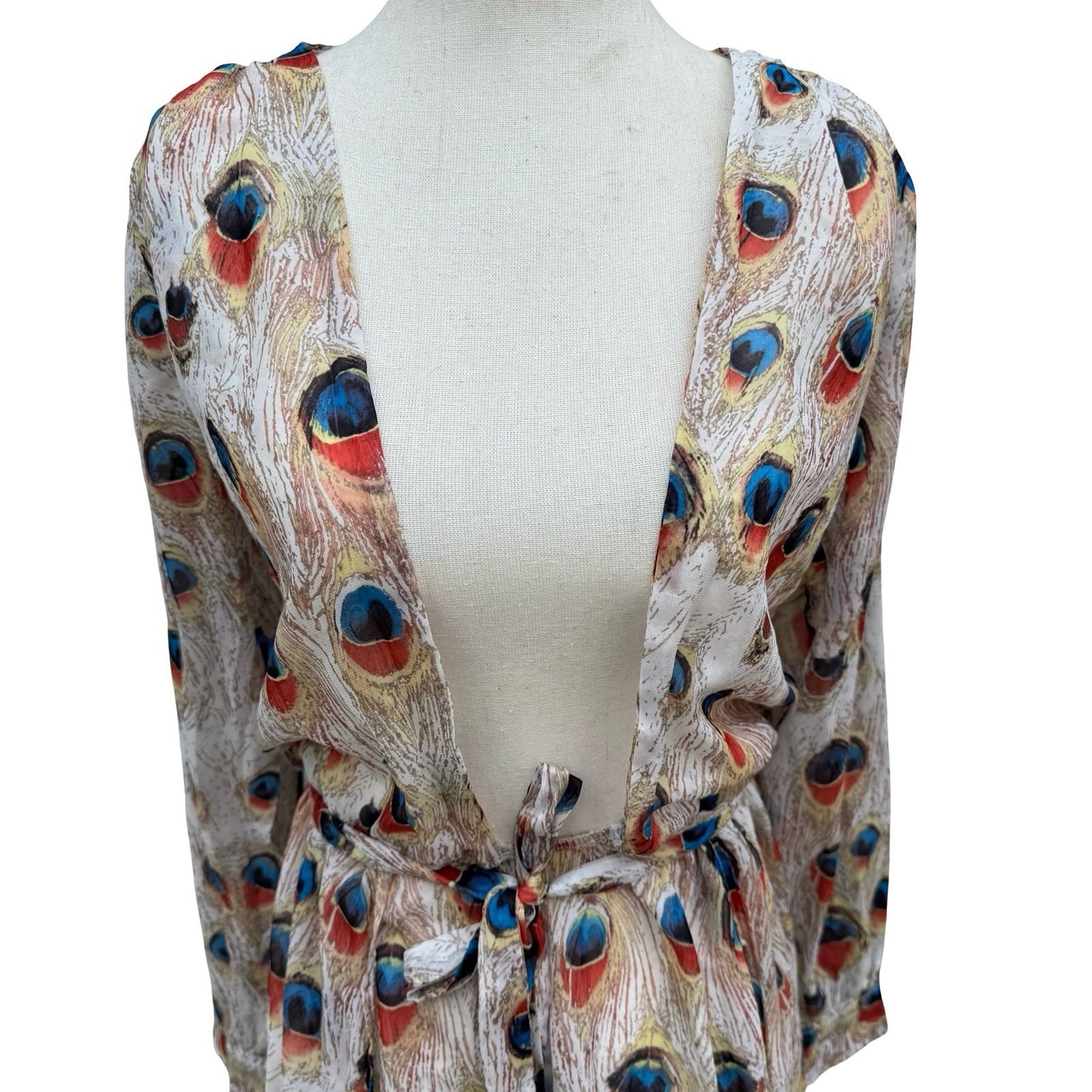 Miss Ord Peacock Feather Print Sheer Maxi Duster Robe XS Boho Kimono Festival