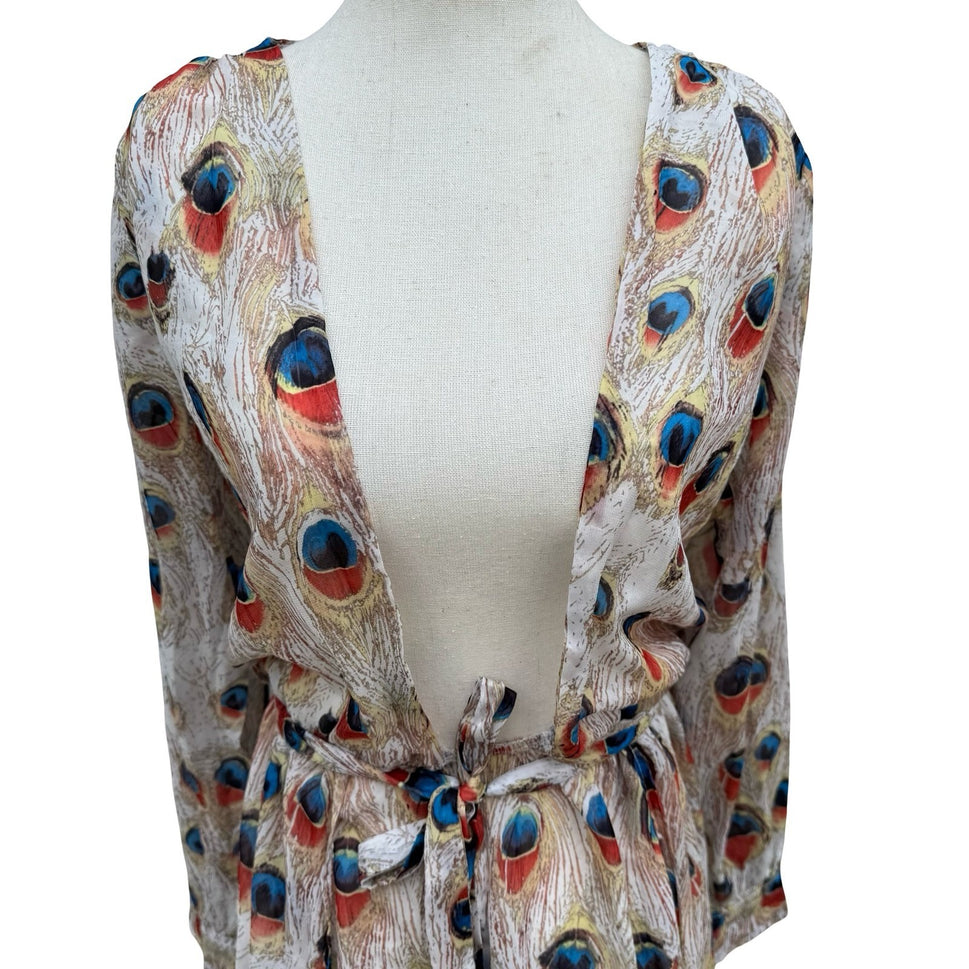 Miss Ord Peacock Feather Print Sheer Maxi Duster Robe XS Boho Kimono Festival
