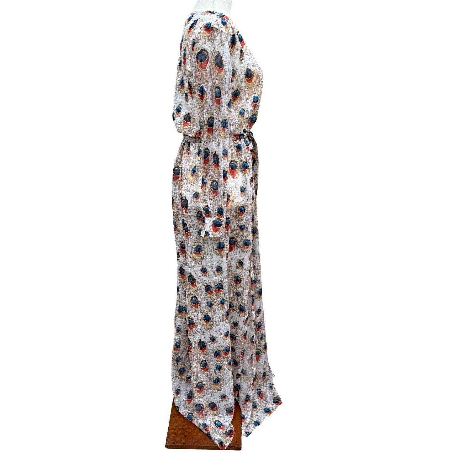 Miss Ord Peacock Feather Print Sheer Maxi Duster Robe XS Boho Kimono Festival