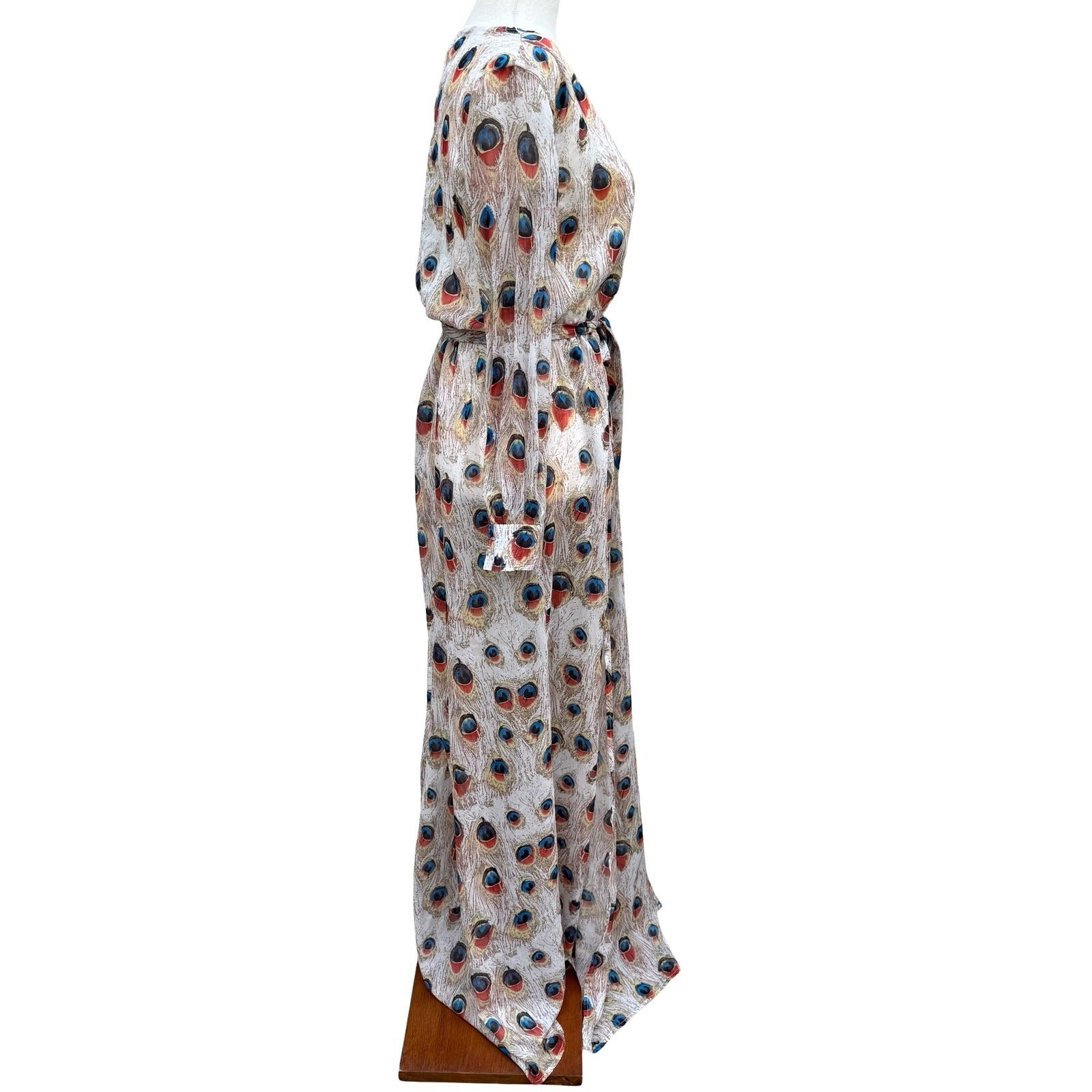 Miss Ord Peacock Feather Print Sheer Maxi Duster Robe XS Boho Kimono Festival