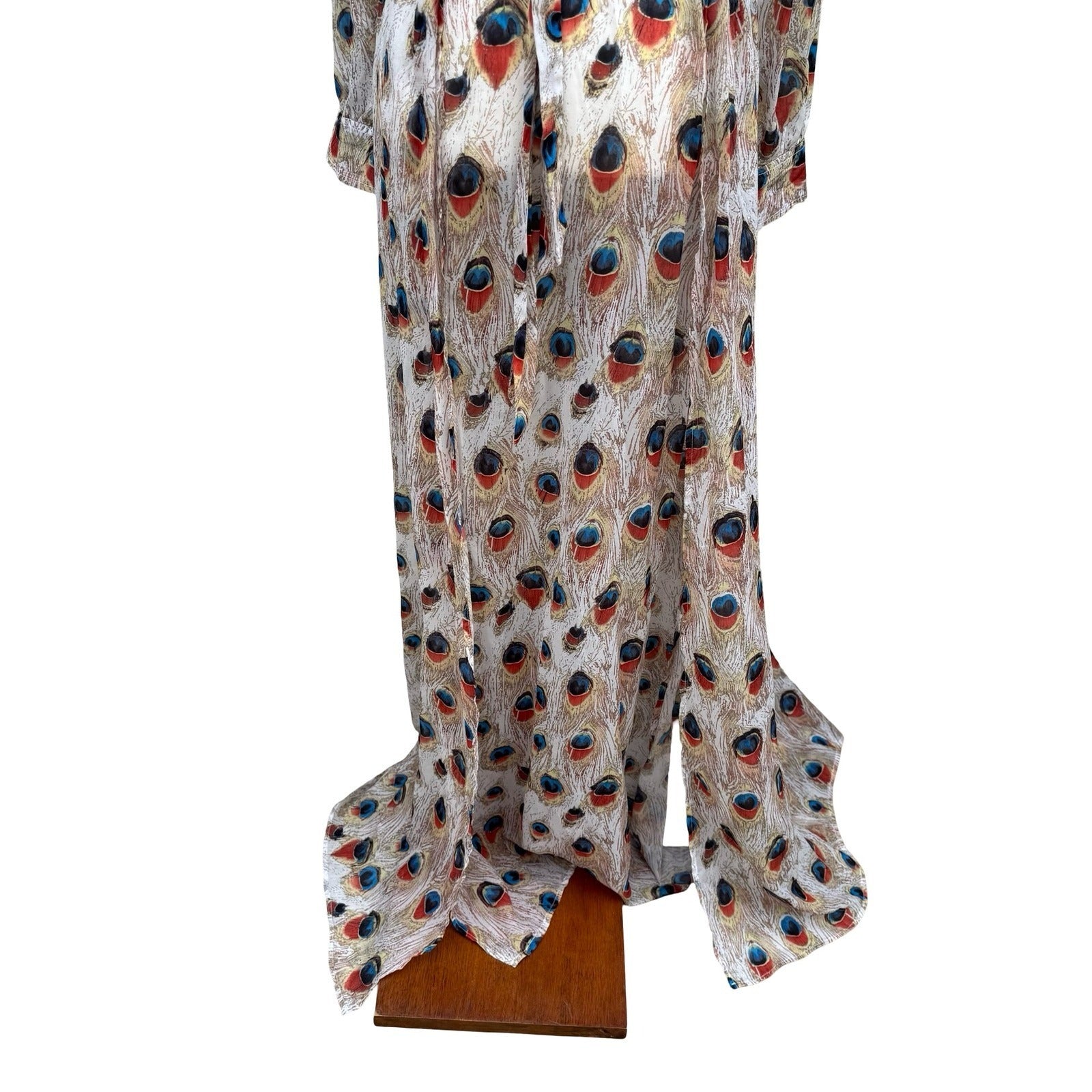 Miss Ord Peacock Feather Print Sheer Maxi Duster Robe XS Boho Kimono Festival