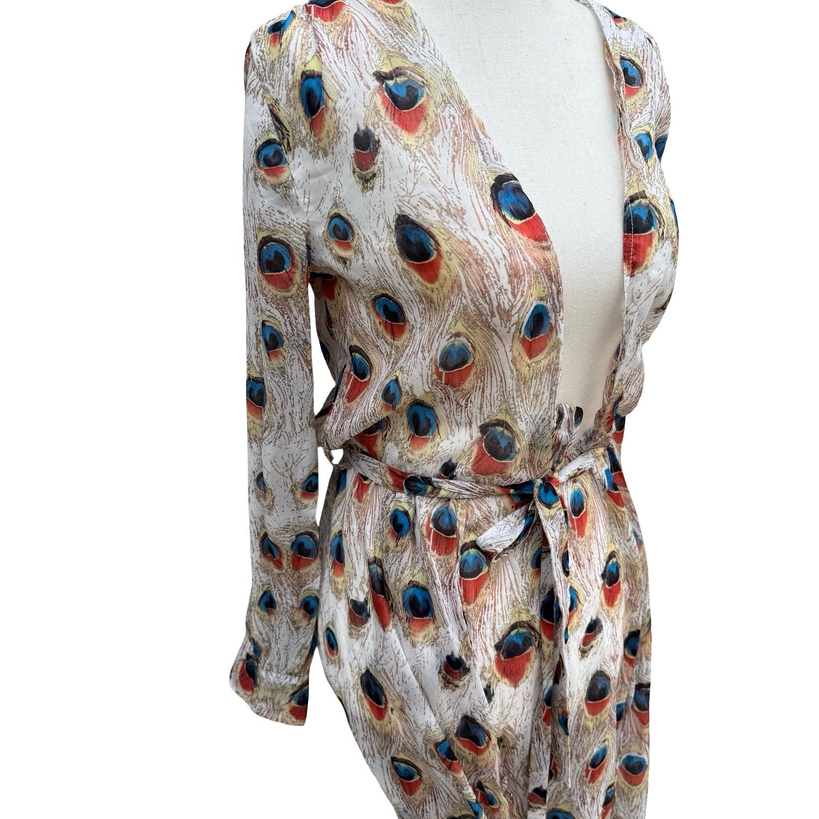 Miss Ord Peacock Feather Print Sheer Maxi Duster Robe XS Boho Kimono Festival