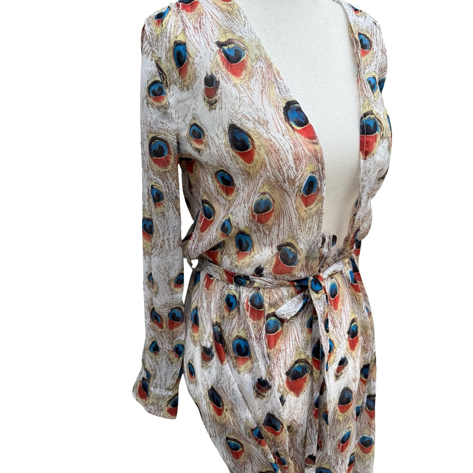 Miss Ord Peacock Feather Print Sheer Maxi Duster Robe XS Boho Kimono Festival