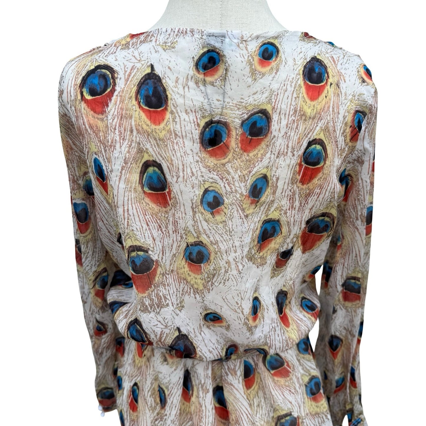 Miss Ord Peacock Feather Print Sheer Maxi Duster Robe XS Boho Kimono Festival