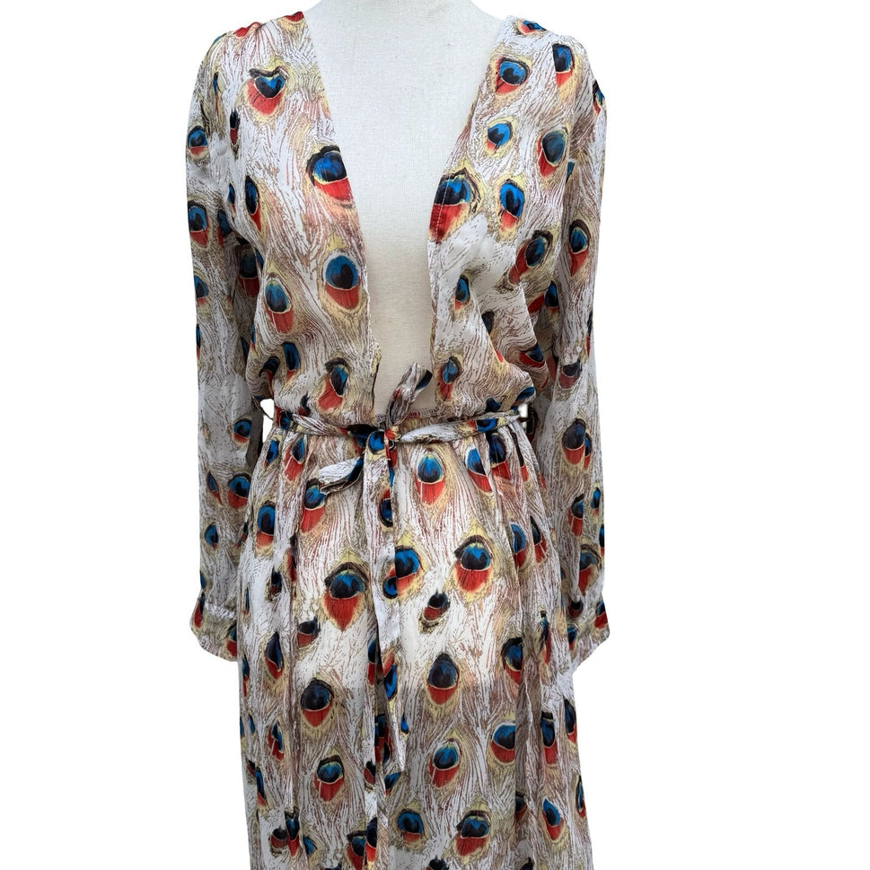 Miss Ord Peacock Feather Print Sheer Maxi Duster Robe XS Boho Kimono Festival