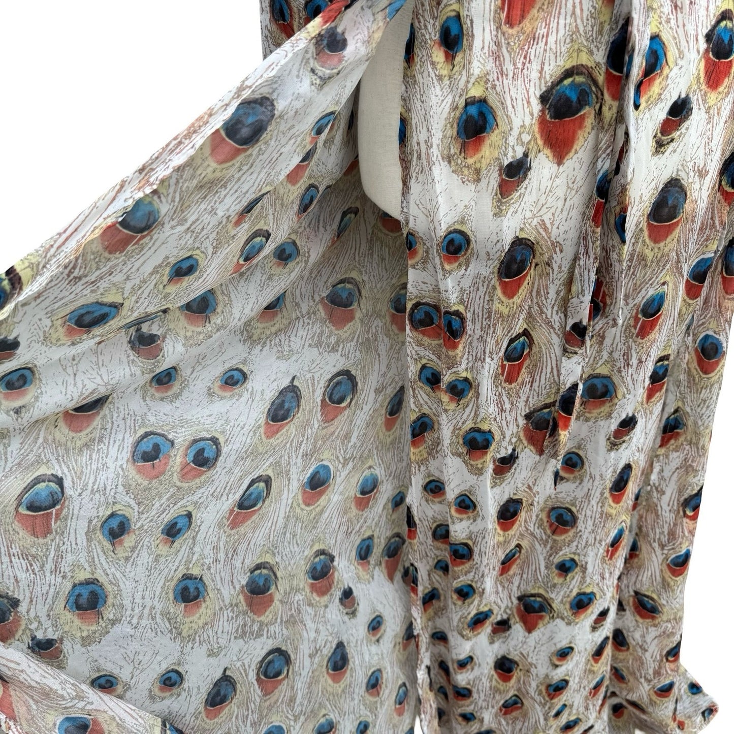 Miss Ord Peacock Feather Print Sheer Maxi Duster Robe XS Boho Kimono Festival