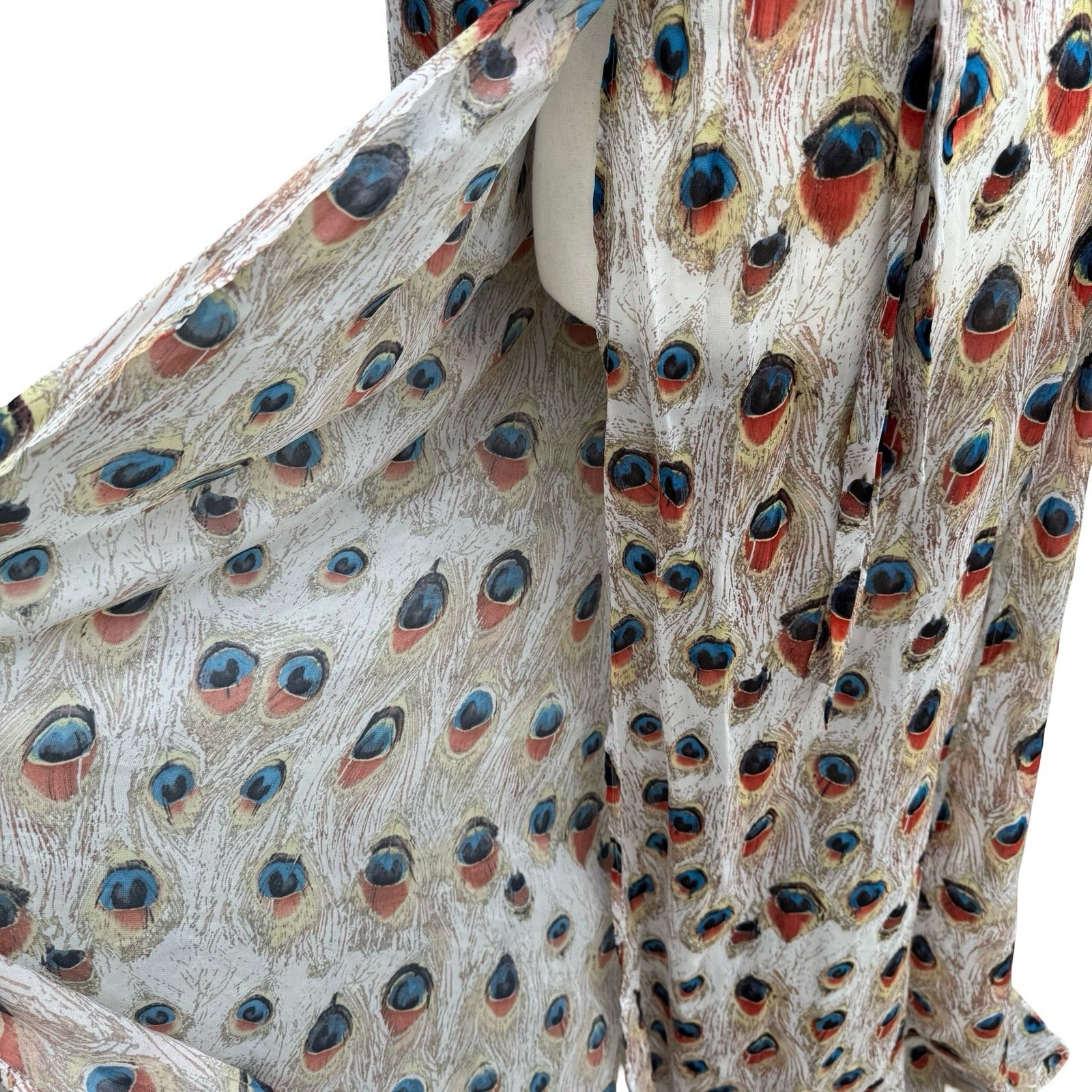 Miss Ord Peacock Feather Print Sheer Maxi Duster Robe XS Boho Kimono Festival