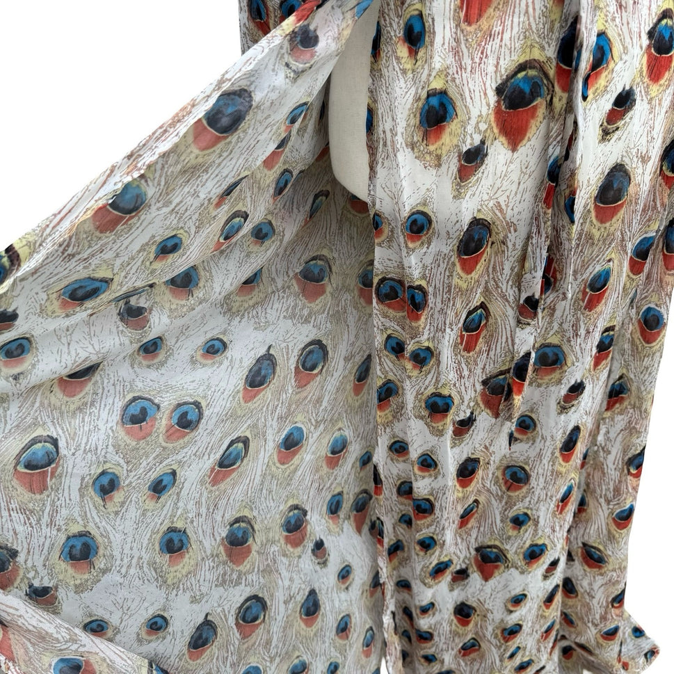 Miss Ord Peacock Feather Print Sheer Maxi Duster Robe XS Boho Kimono Festival