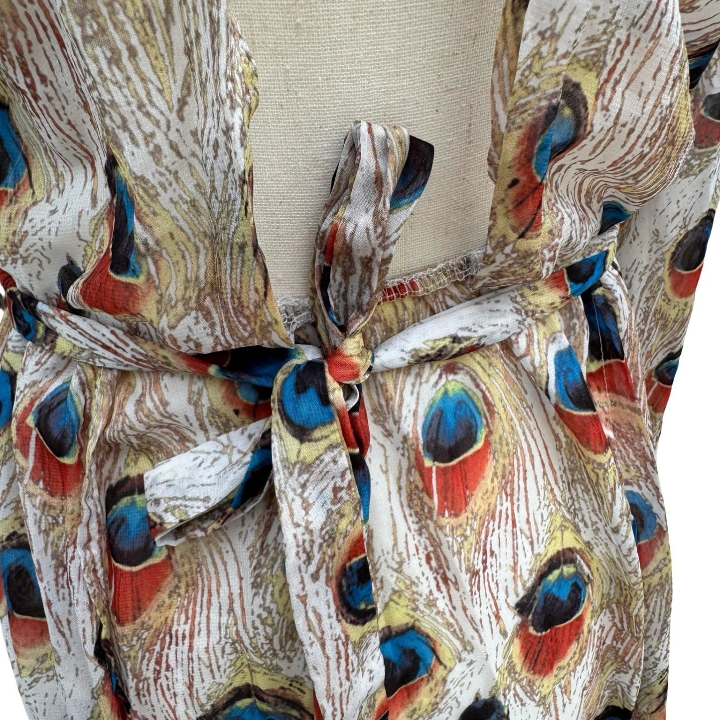 Miss Ord Peacock Feather Print Sheer Maxi Duster Robe XS Boho Kimono Festival