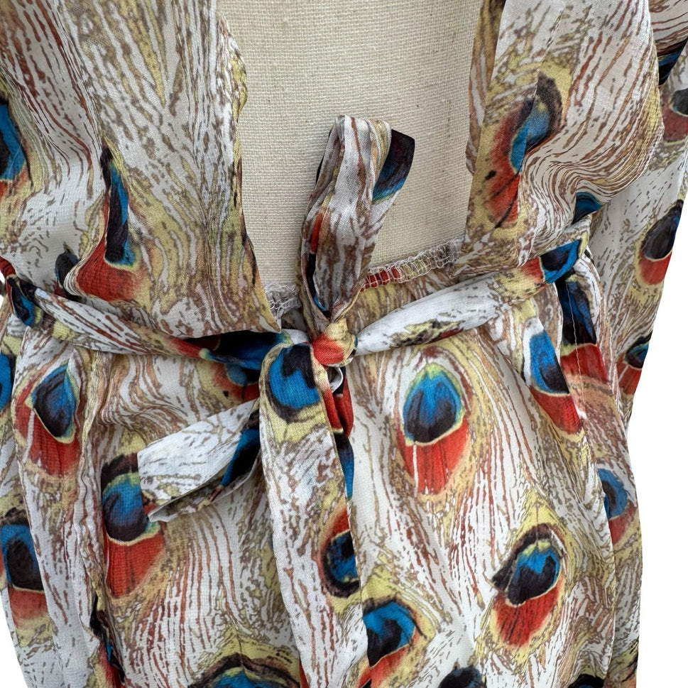 Miss Ord Peacock Feather Print Sheer Maxi Duster Robe XS Boho Kimono Festival