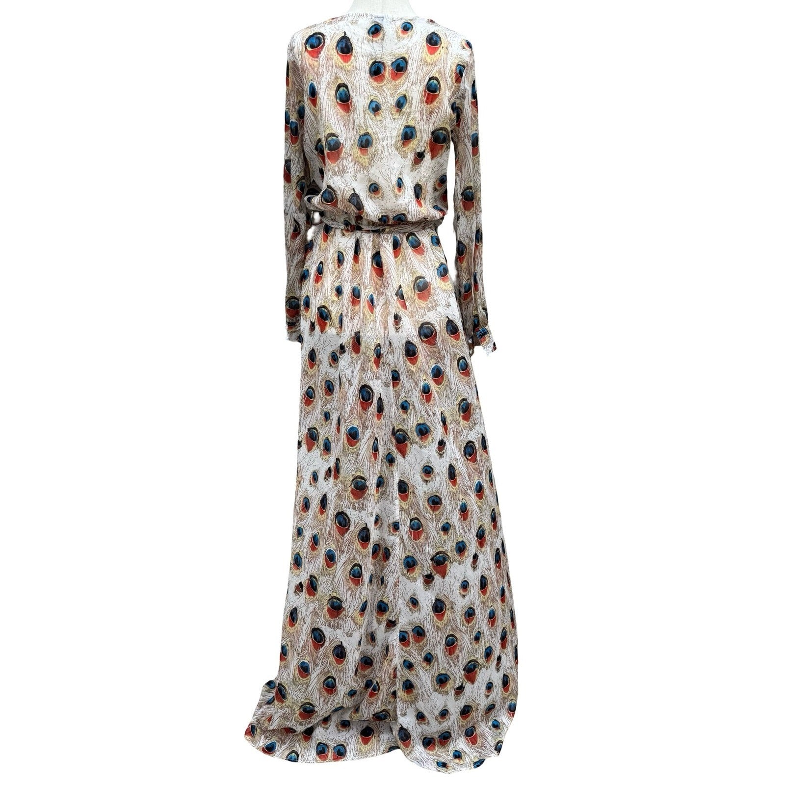Miss Ord Peacock Feather Print Sheer Maxi Duster Robe XS Boho Kimono Festival