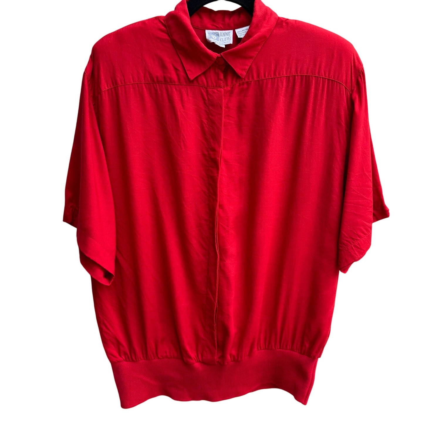 Anne Klein Vintage Womens Red Short Sleeve Band Waist Pullover Shirt Blouse 16