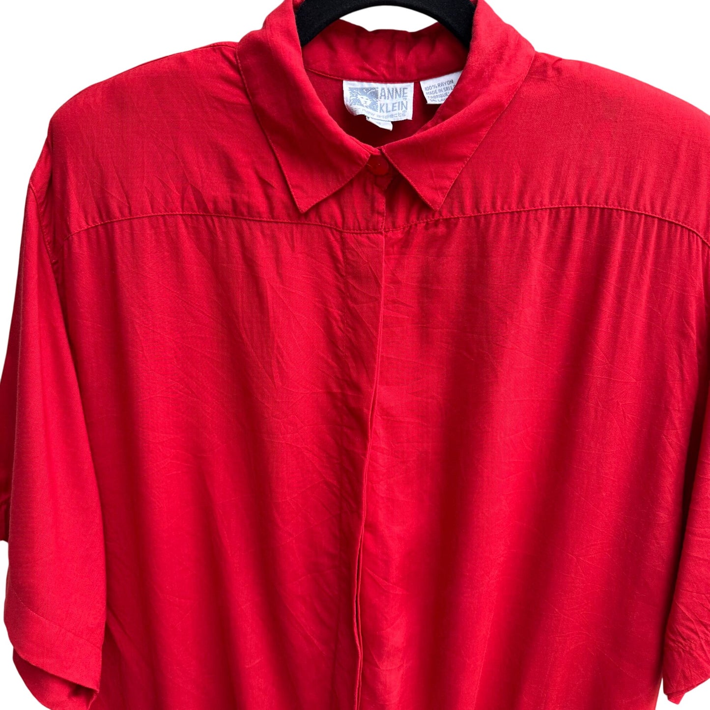 Anne Klein Vintage Womens Red Short Sleeve Band Waist Pullover Shirt Blouse 16