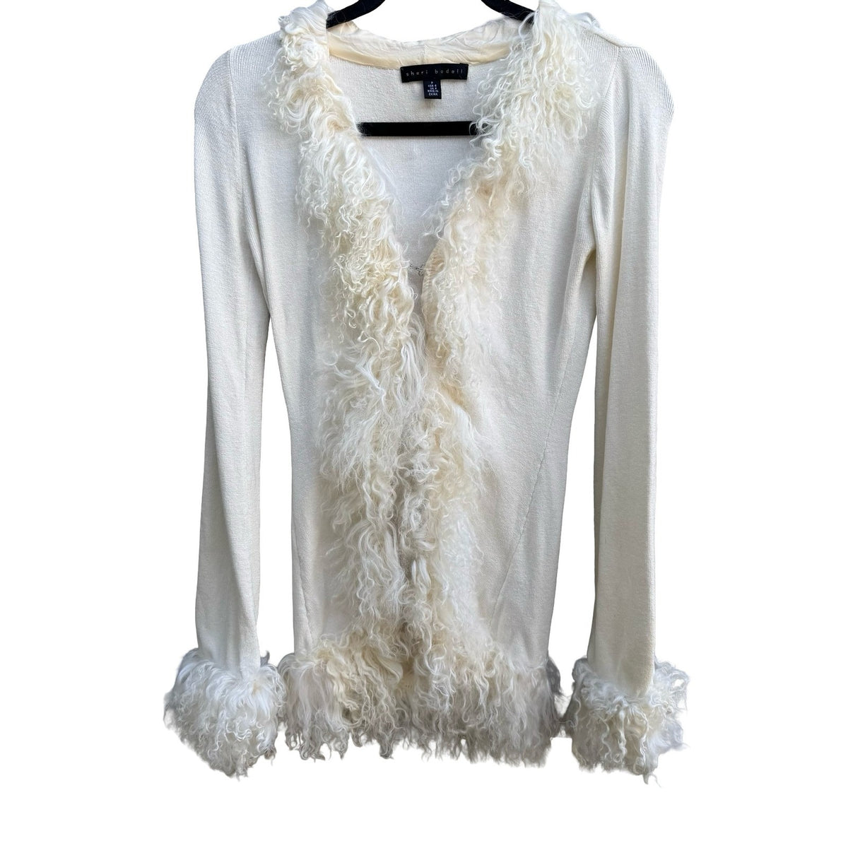 Sheri Bodell Y2K Coquette Mob Wife Mongolian Lamb Fur Trim Glam Luxury Cardigan