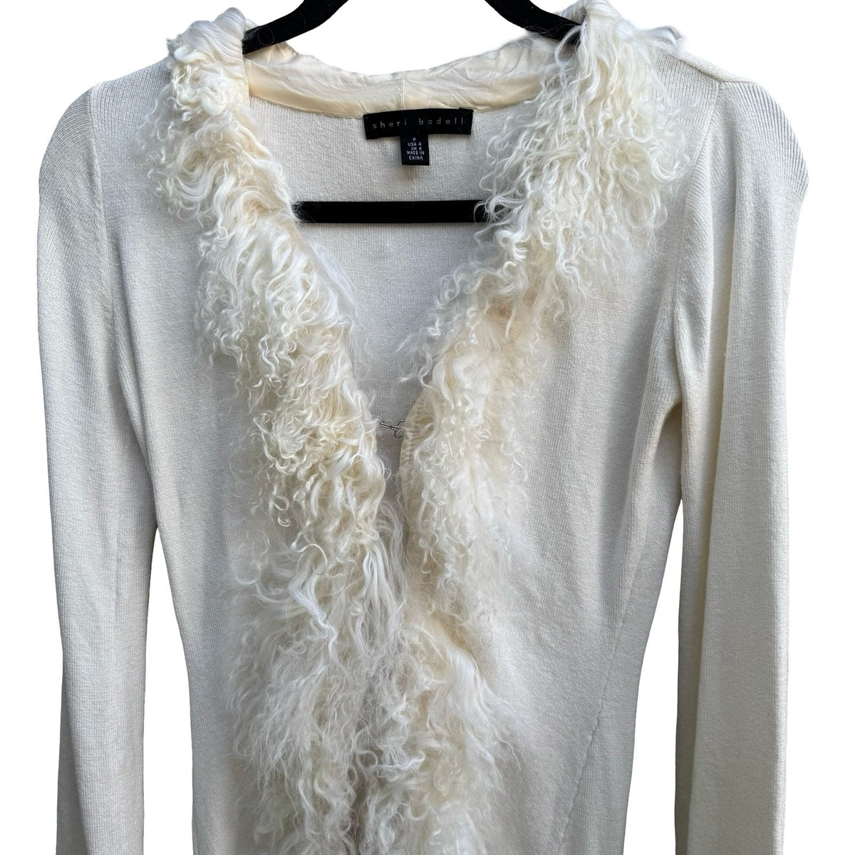 Sheri Bodell Y2K Coquette Mob Wife Mongolian Lamb Fur Trim Glam Luxury Cardigan