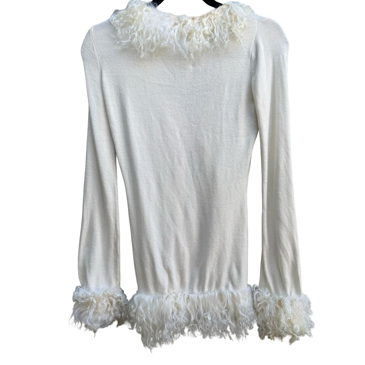 Sheri Bodell Y2K Coquette Mob Wife Mongolian Lamb Fur Trim Glam Luxury Cardigan